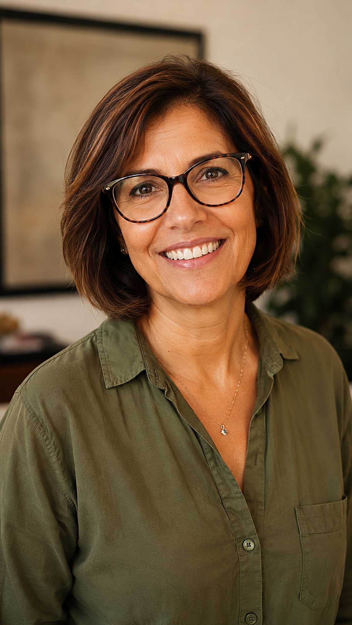 Soft brunette chin-length bob with side-swept fringe