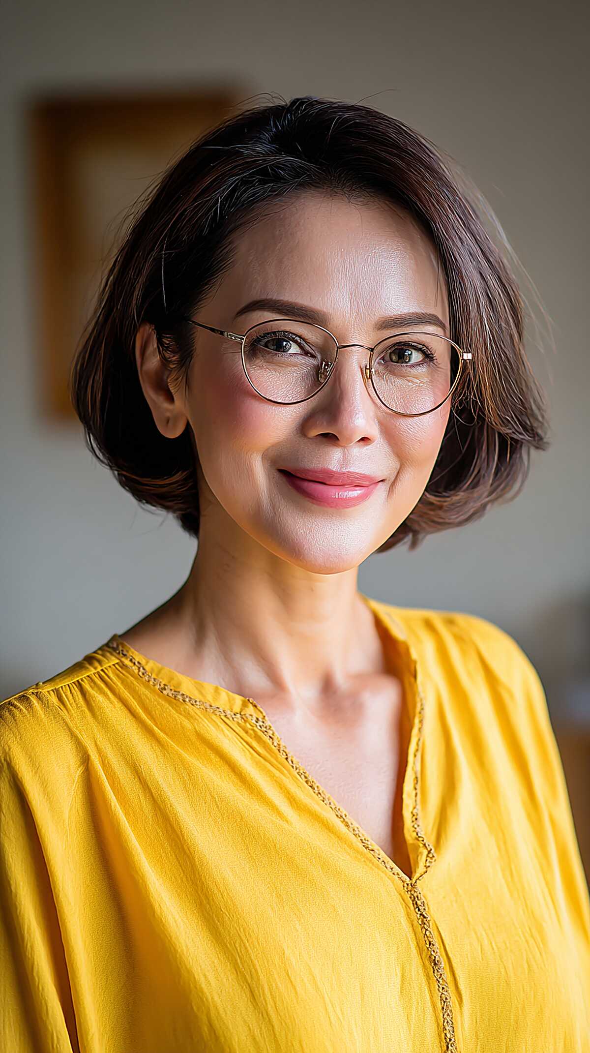 Short dark bob with crown volume and round glasses