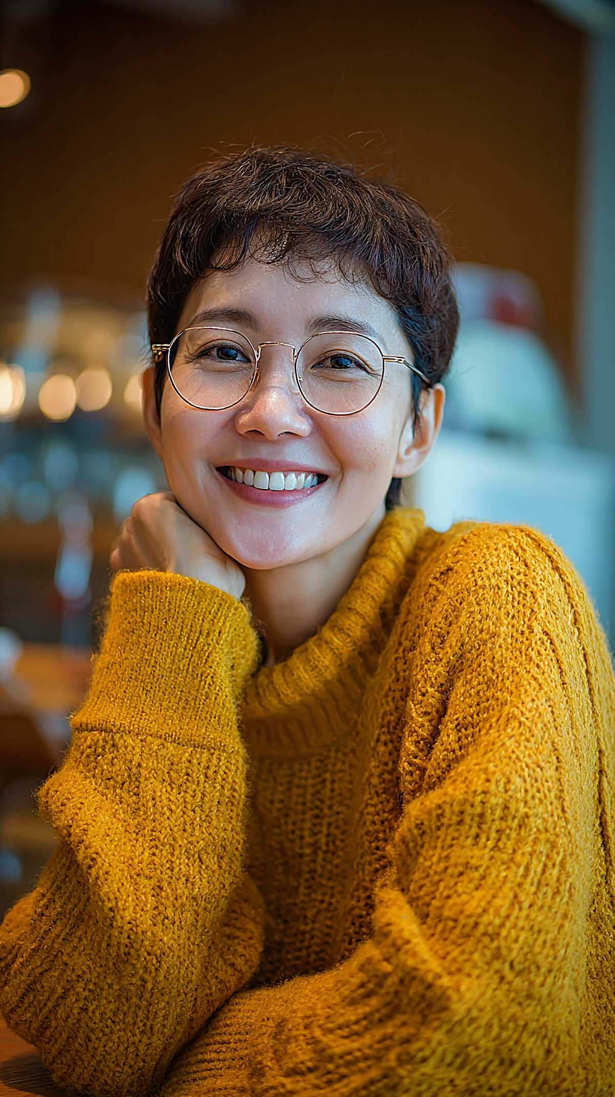 Short textured brunette pixie with natural curl