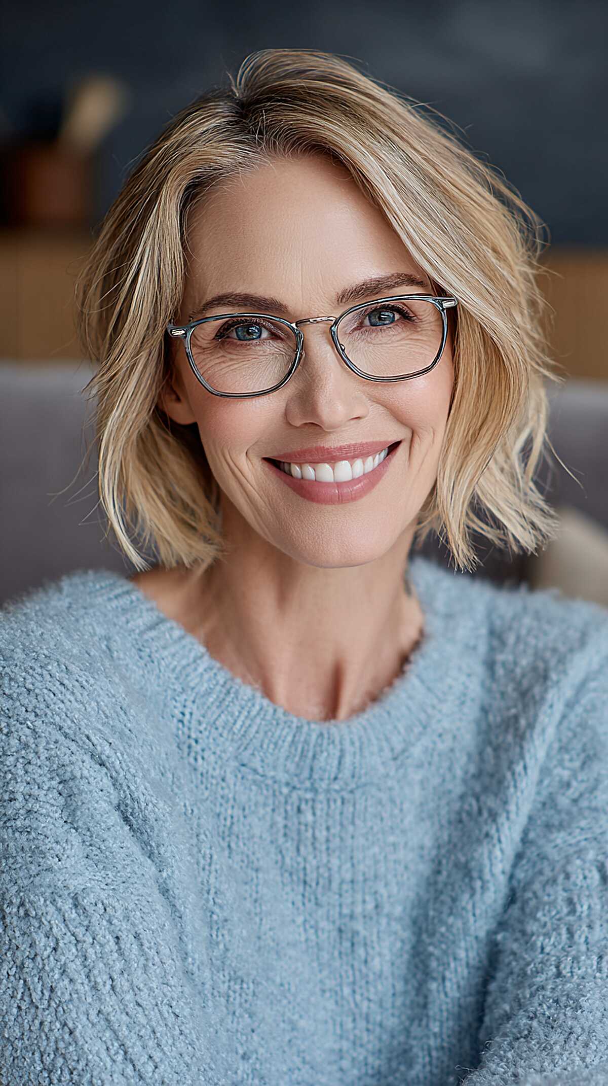 Chin-length tousled blonde bob with soft waves