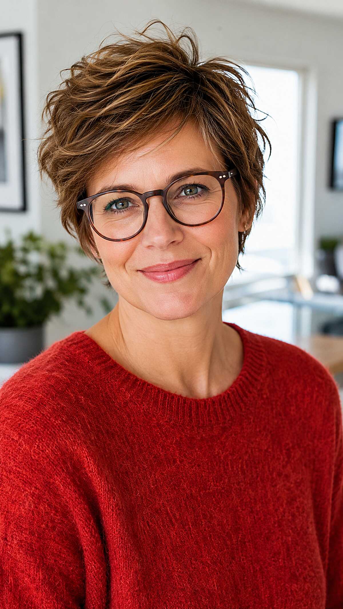 Tousled shaggy pixie with honey highlights and glasses