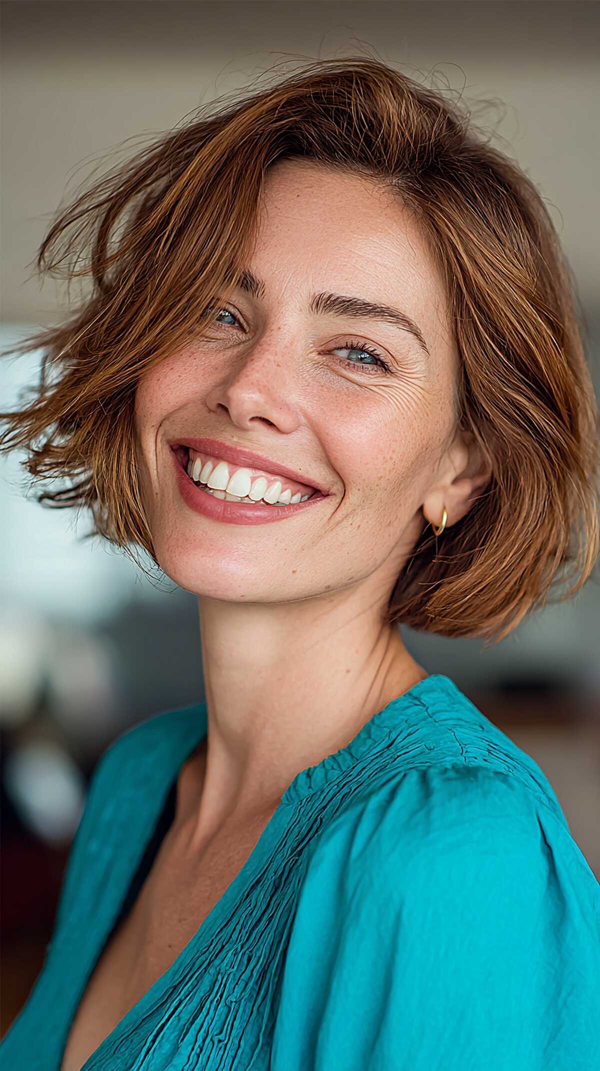 Tousled Warm Brown Chin Bob with Razored Texture and Natural Movement