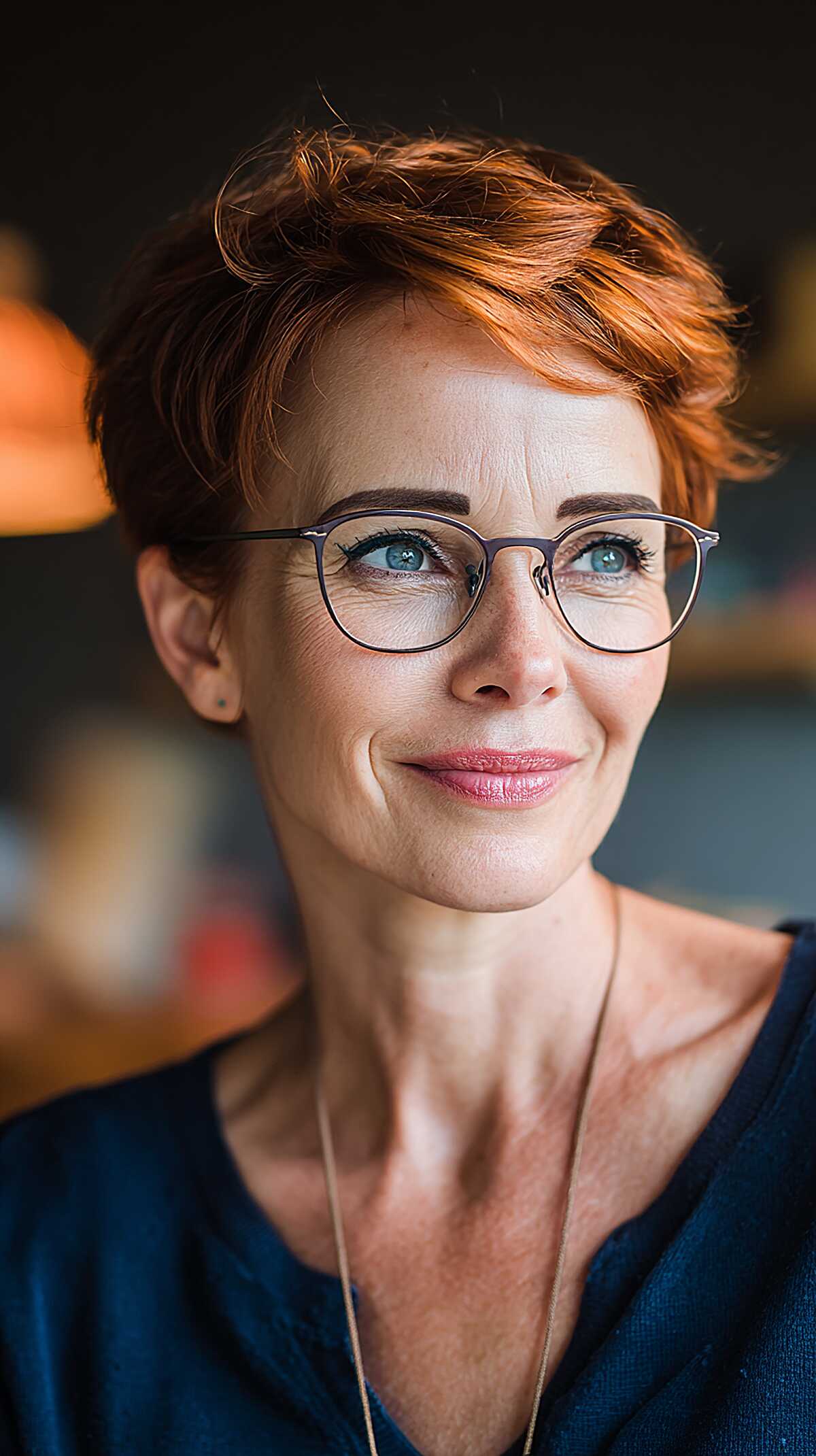 Vibrant copper red pixie with tousled top and glasses