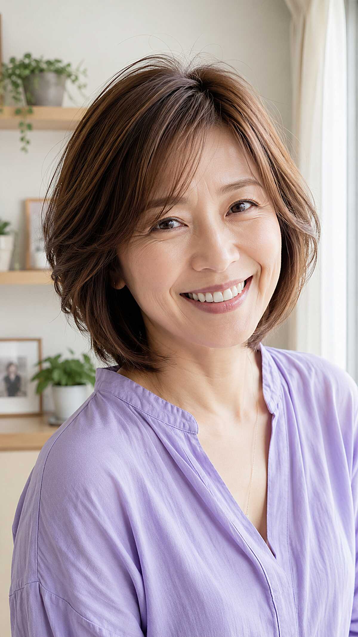 Warm Brown Layered Bob with Sweeping Side Fringe