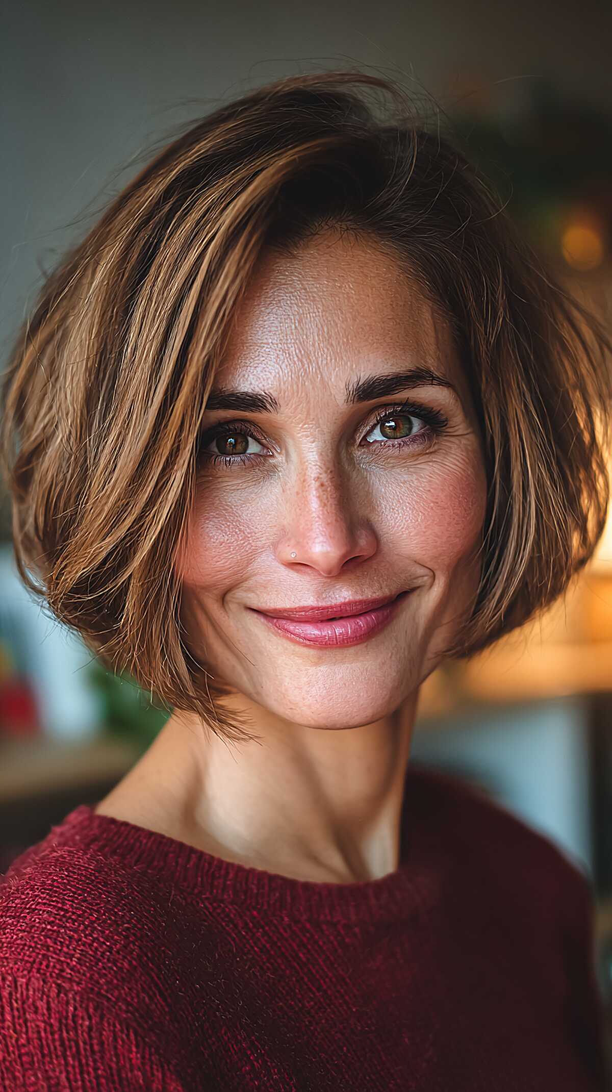 Warm Brunette Chin Bob with Honey Foils and Soft Roundness