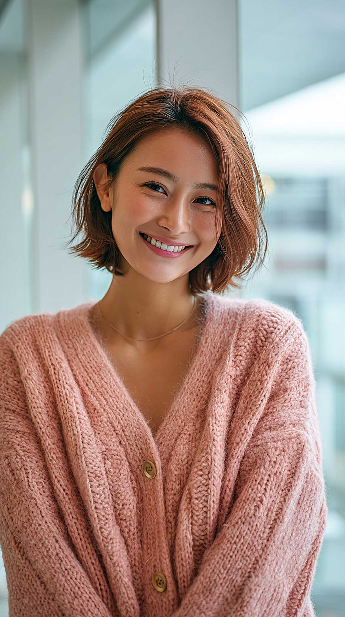 Warm Copper Jaw Bob with Lived-In Texture and Deep Side Part