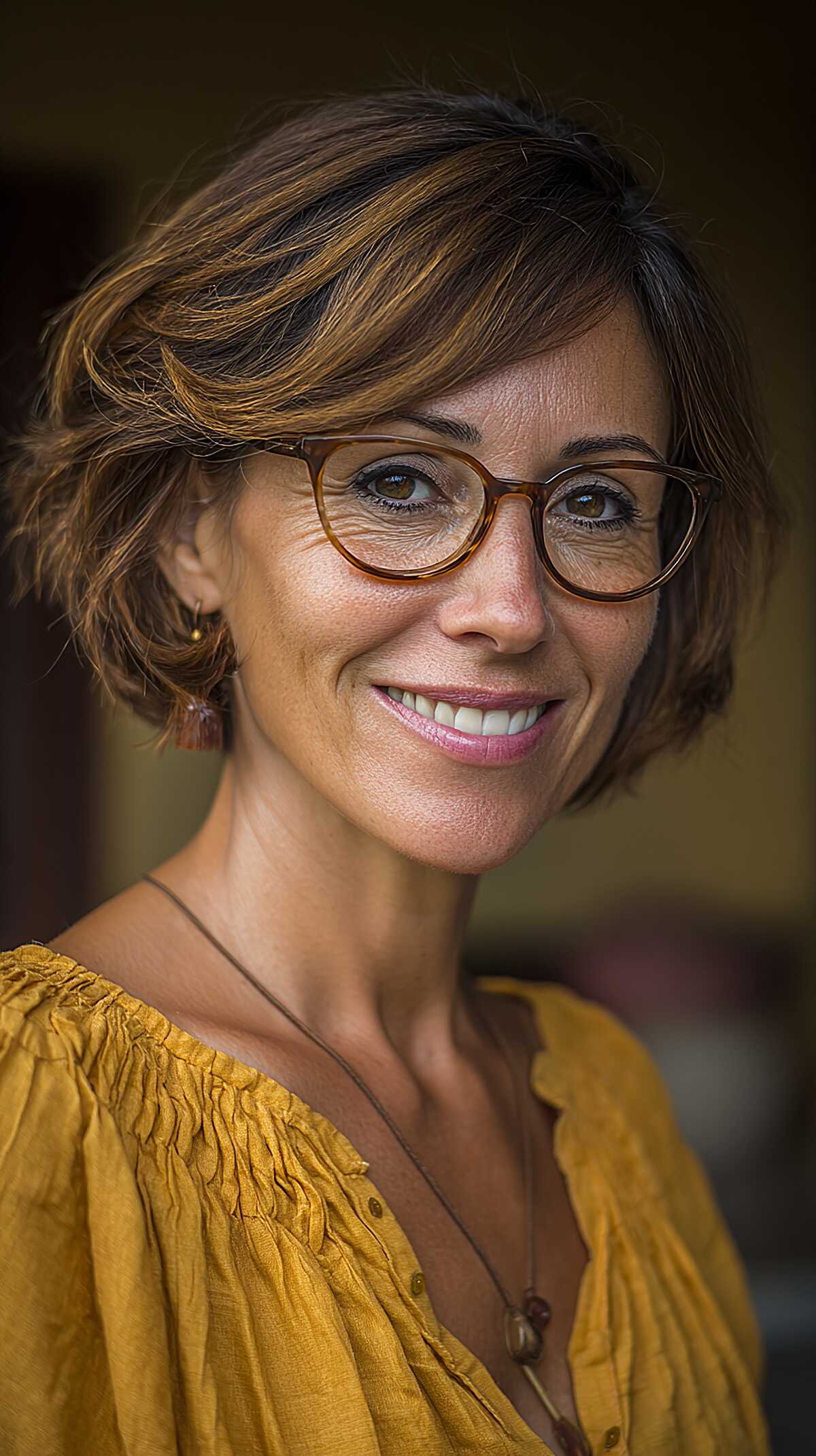 Short wavy bob with caramel highlights and glasses