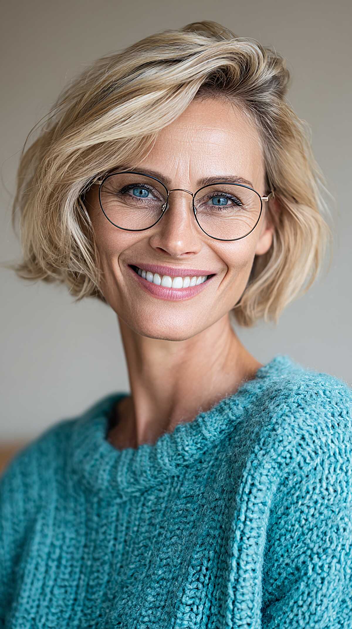 Wavy blonde chin-length bob with deep side part