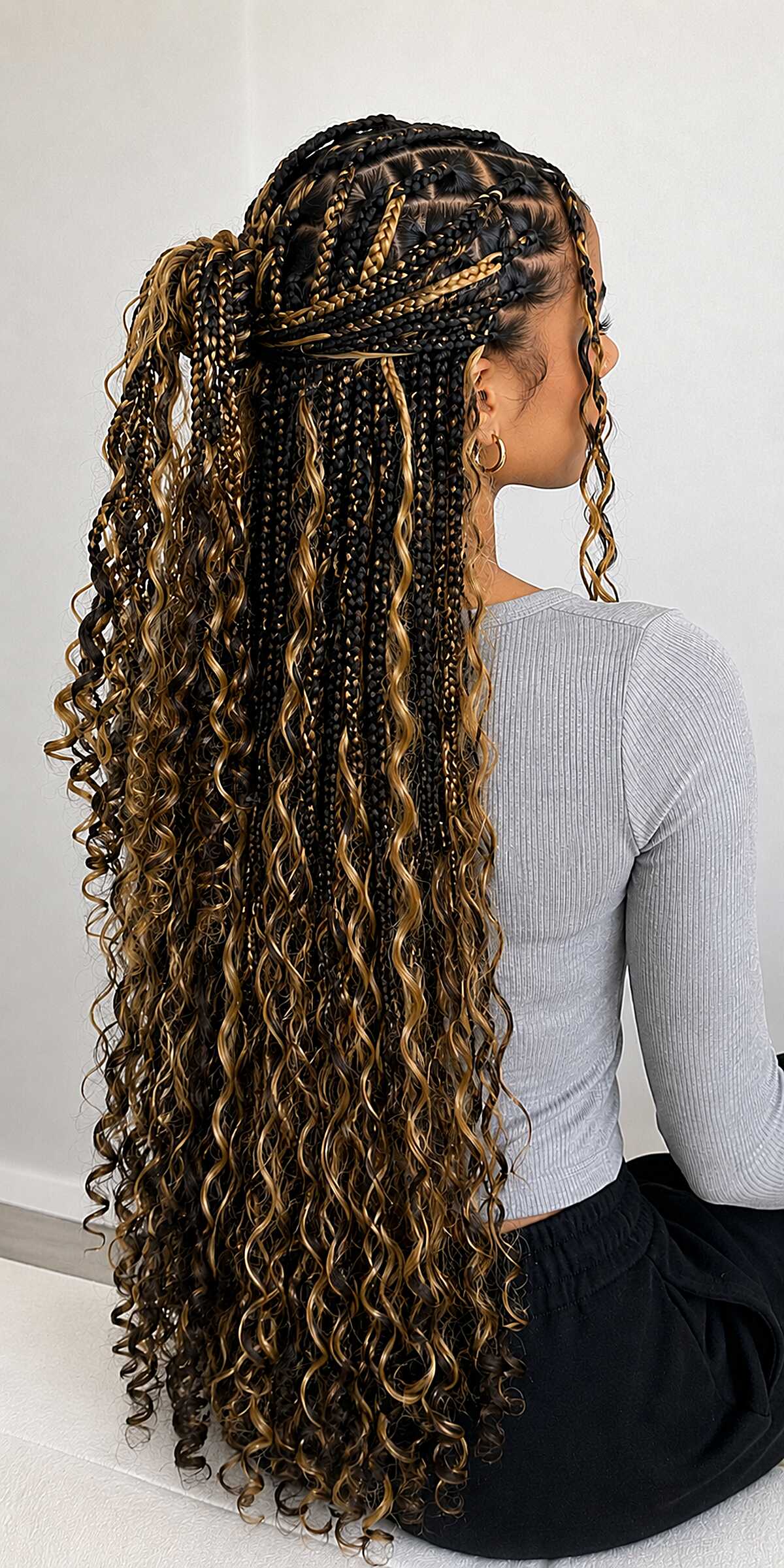 Curved Cornrow Pattern with Black and Blonde Curly Goddess Lengths