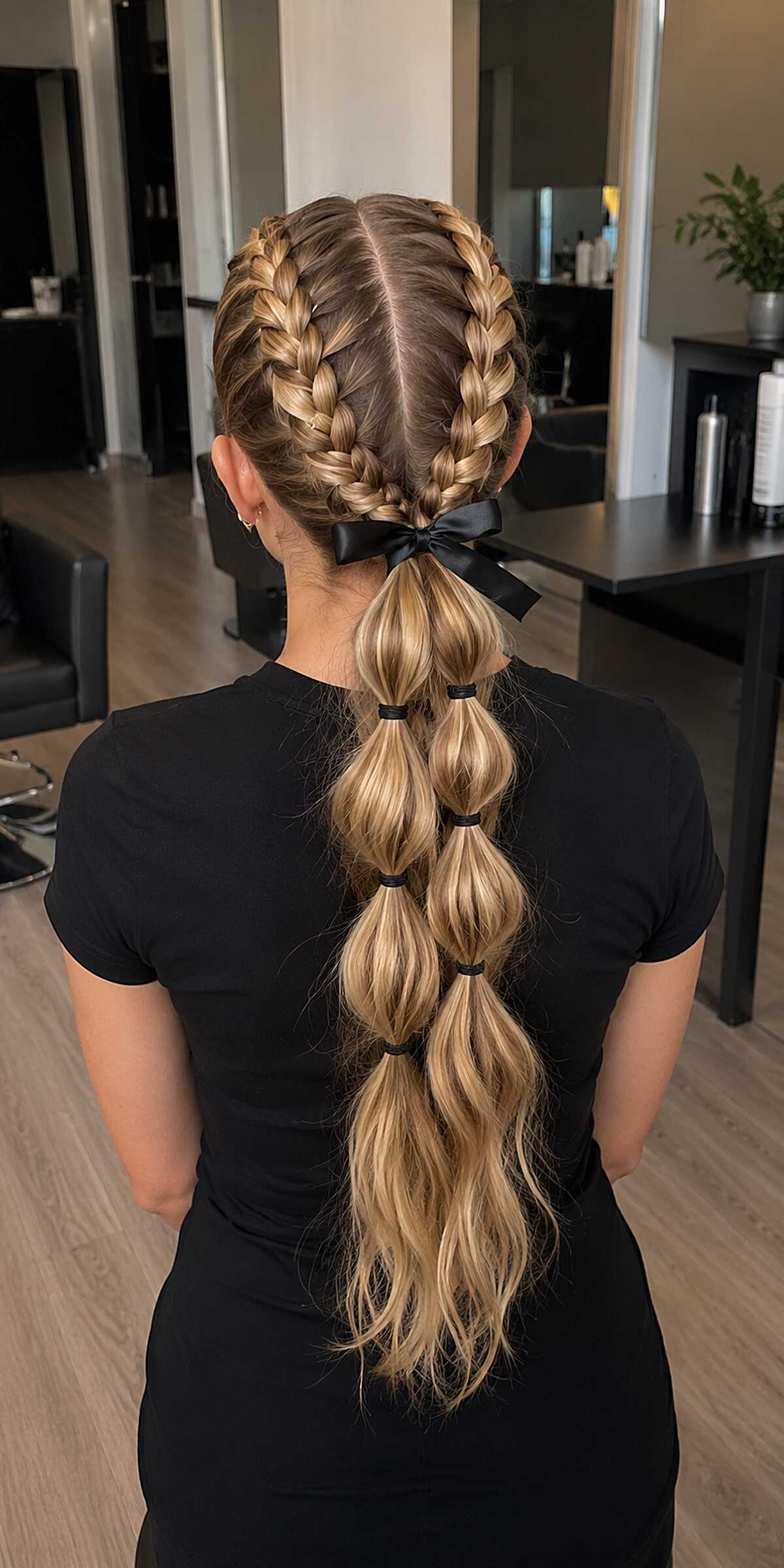 Double French Braids into a Bow-Tied Bubble Ponytail