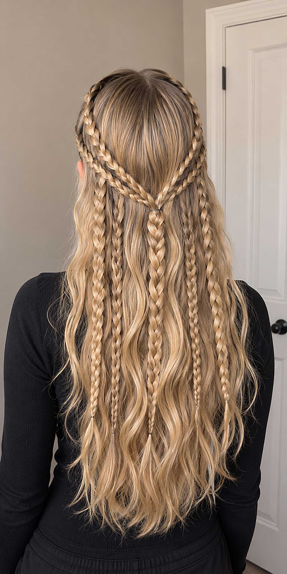 Half-Up V-Shaped Multi-Braid on Long Blonde Waves