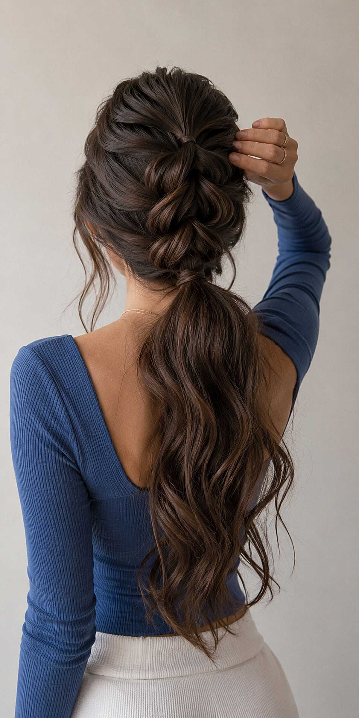 Loose Pull-Through Braid into a Low Wavy Ponytail
