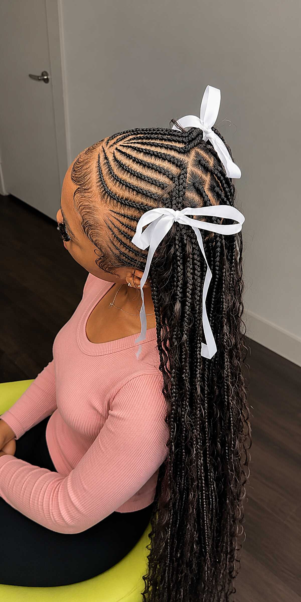 Ribbon-Tied Cornrows into Flowing Knotless Braids with Curly Ends