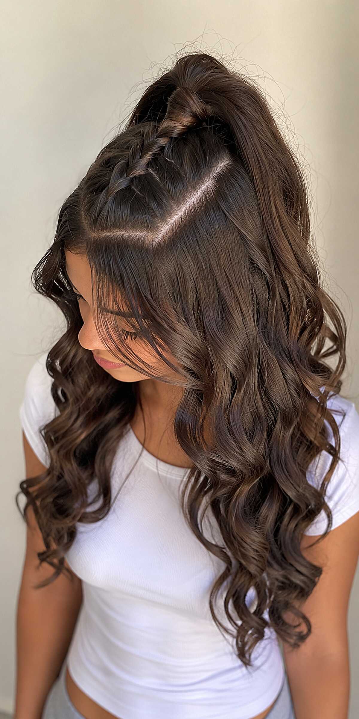 Single French Braid Accent with Curled Brunette Lengths