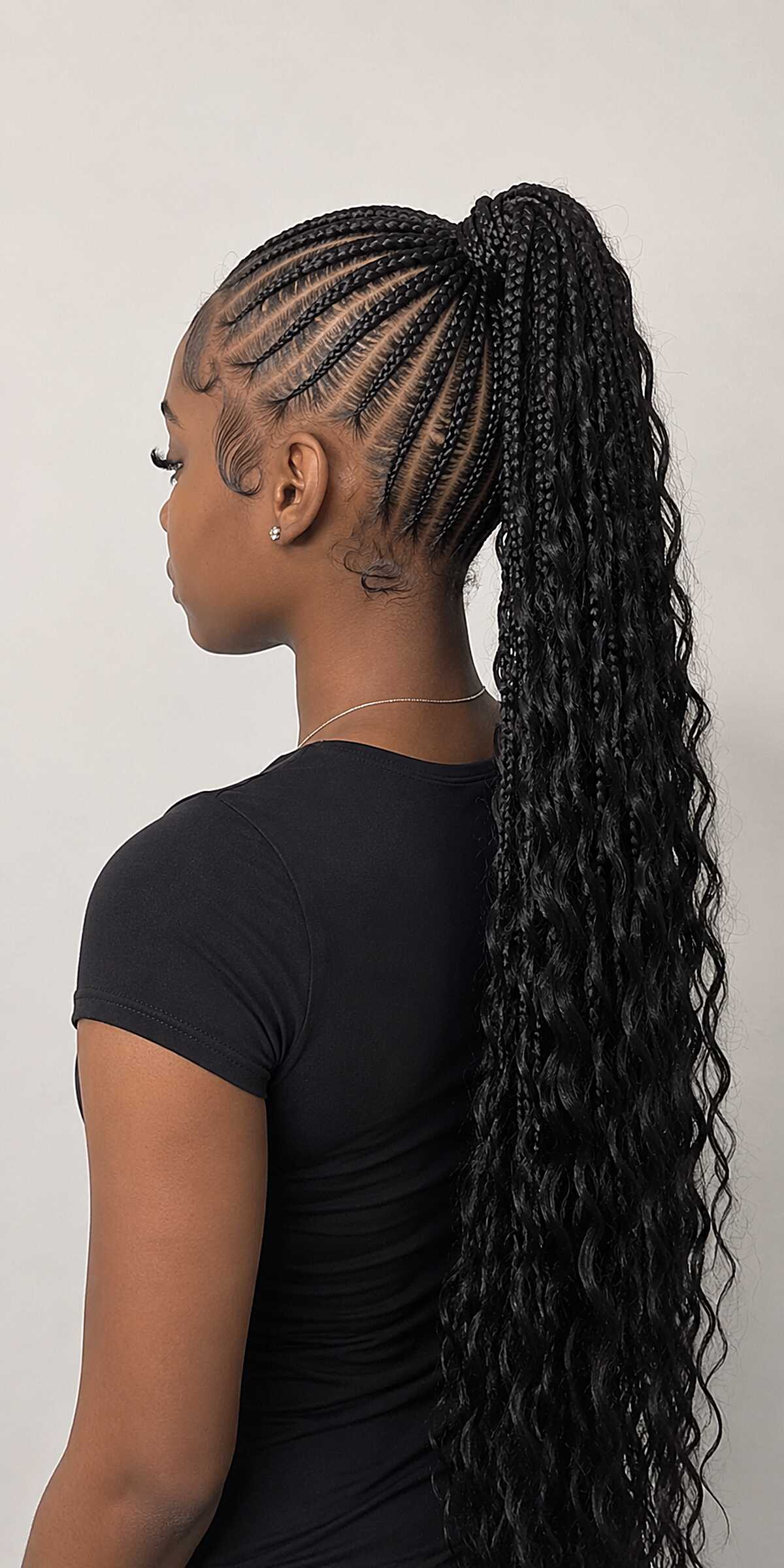Stitch Cornrows Swept into a High Ponytail with Loose Curl Extensions