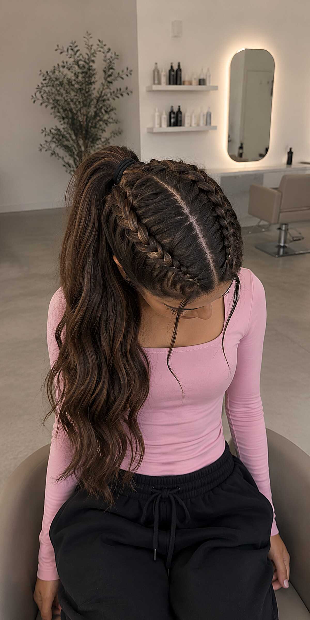 Triple Dutch Braids into a High Wavy Ponytail