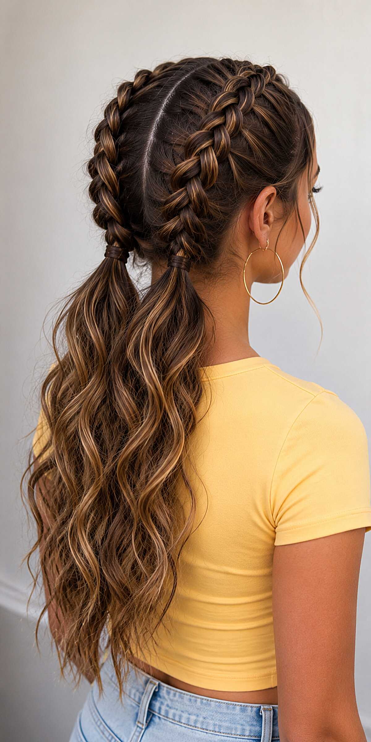 Twin Dutch Braids Released into Wavy Low Pigtails on Highlighted Brunette