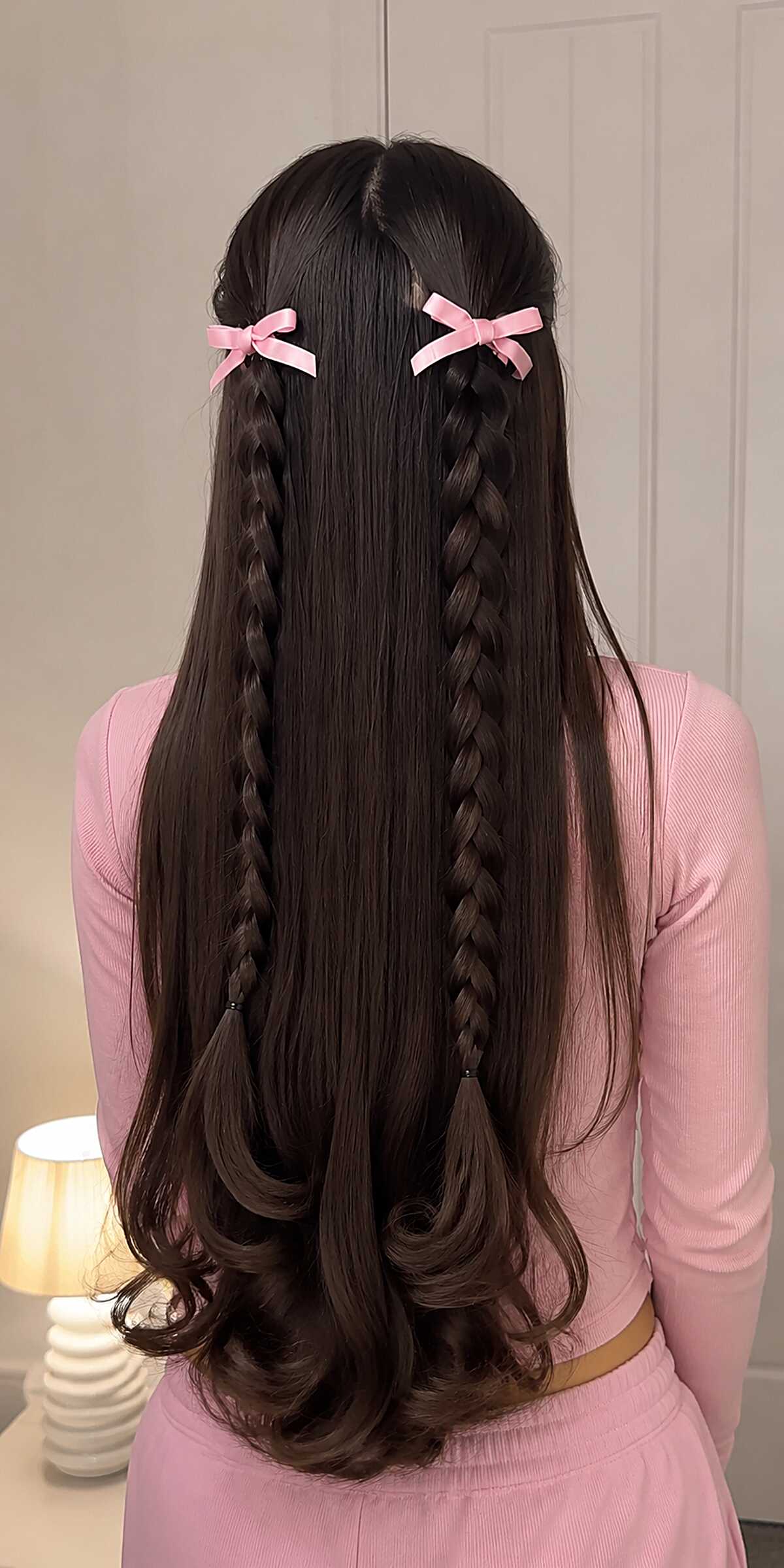 Twin Three-Strand Braids with Pink Ribbon Bows on Long Dark Hair