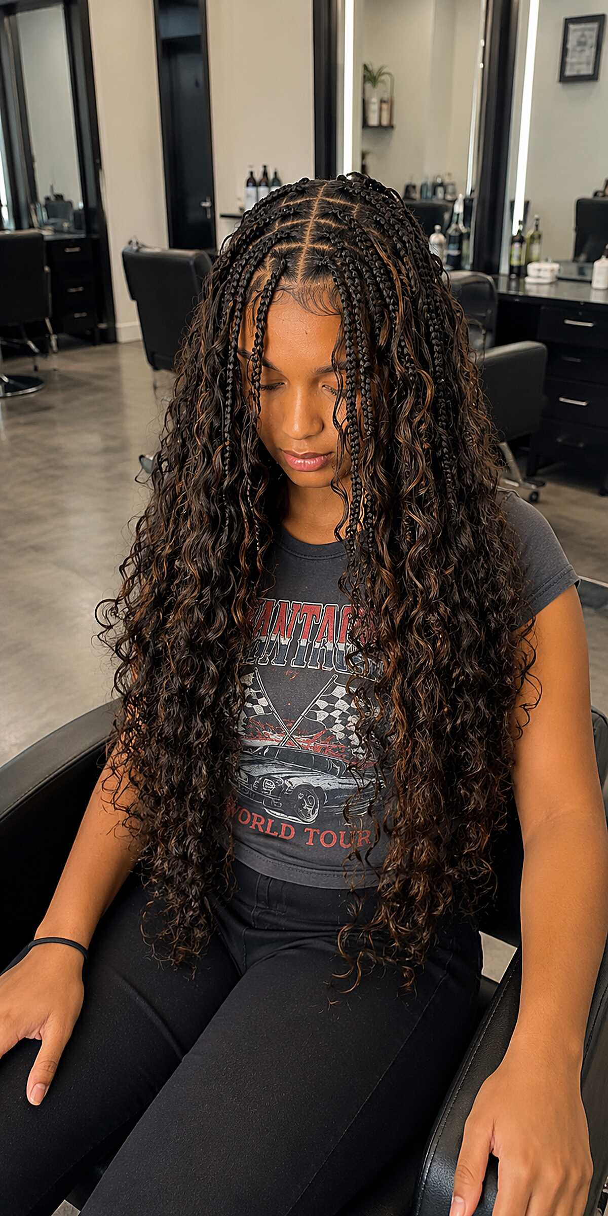 Waist-Length Knotless Braids with Honey-Brown Curly Extensions