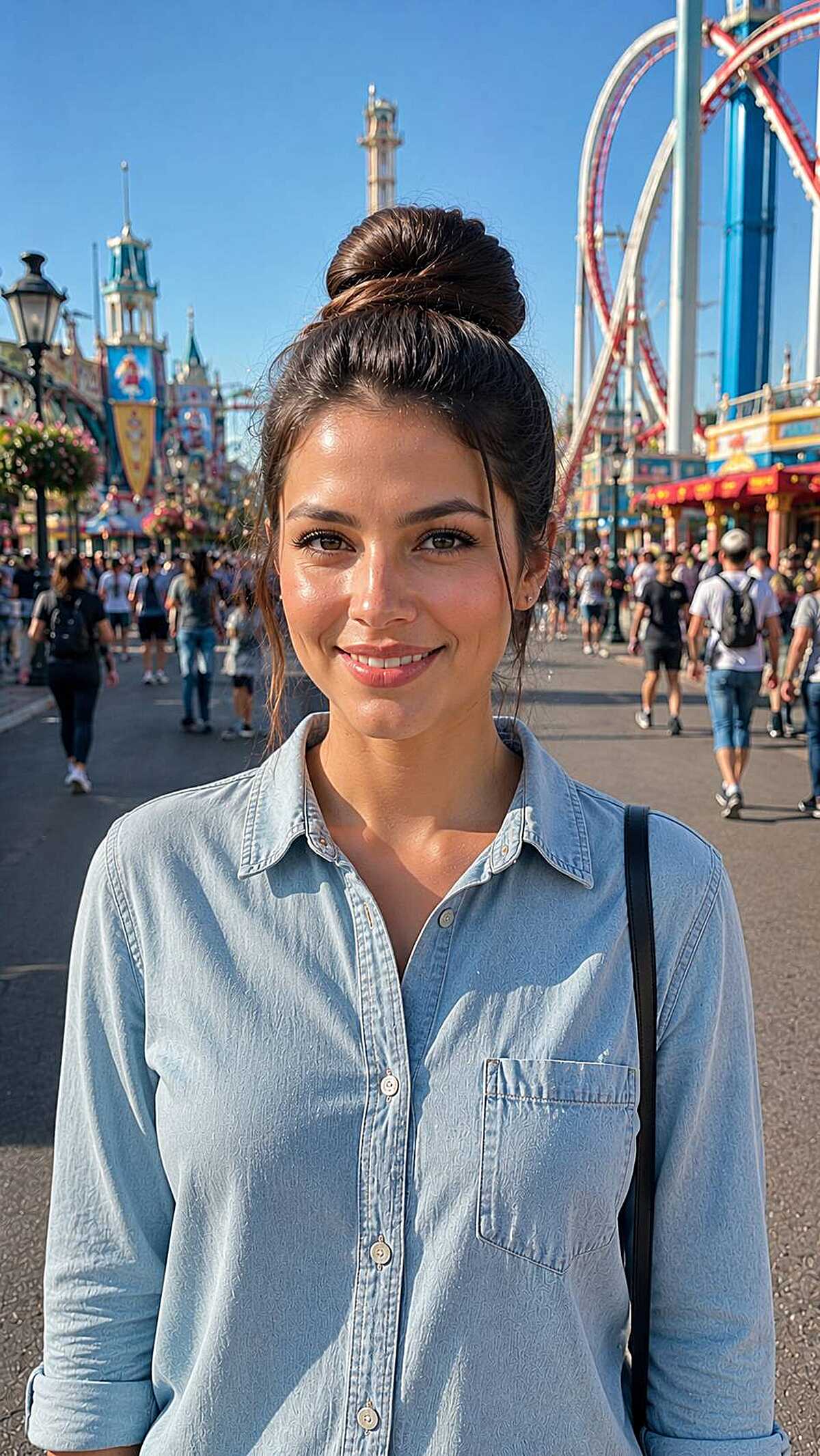 Dark brown hair in a neat high bun at an amusement park