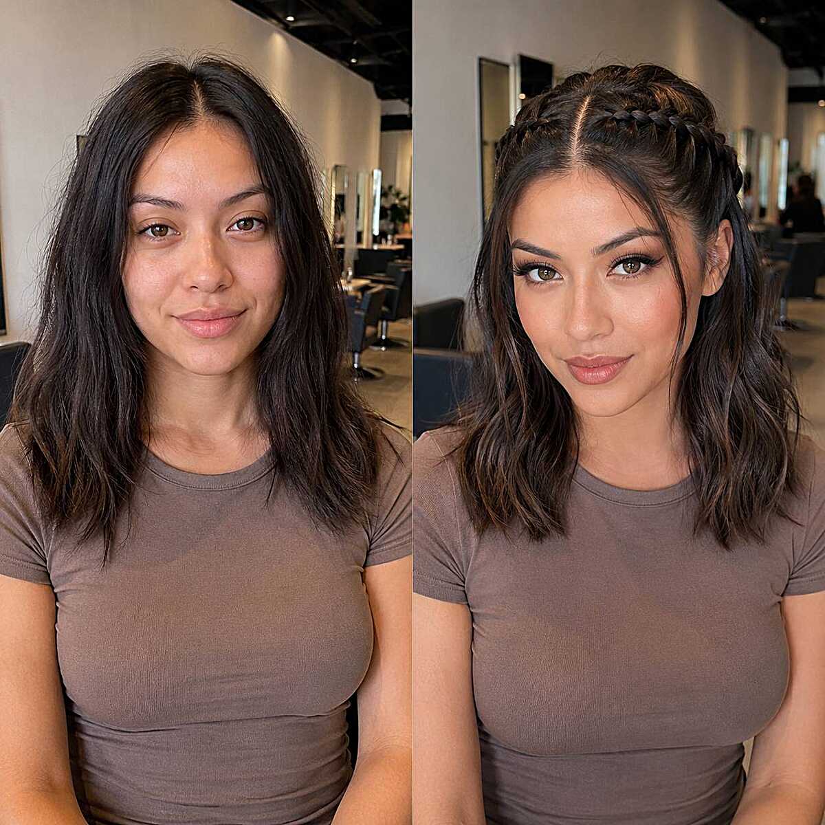 Before and after showing lob styled into Dutch braid crown