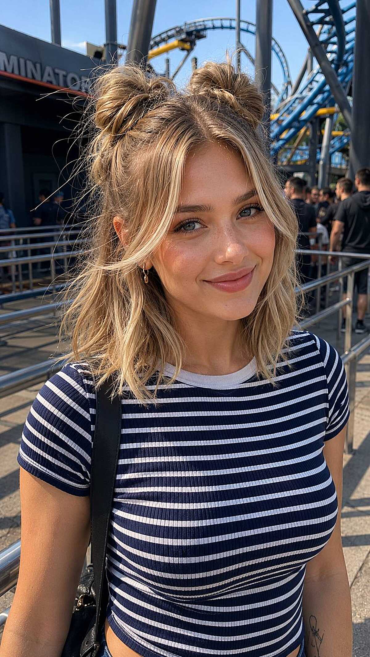 Blonde wavy bob with two small messy space buns on top