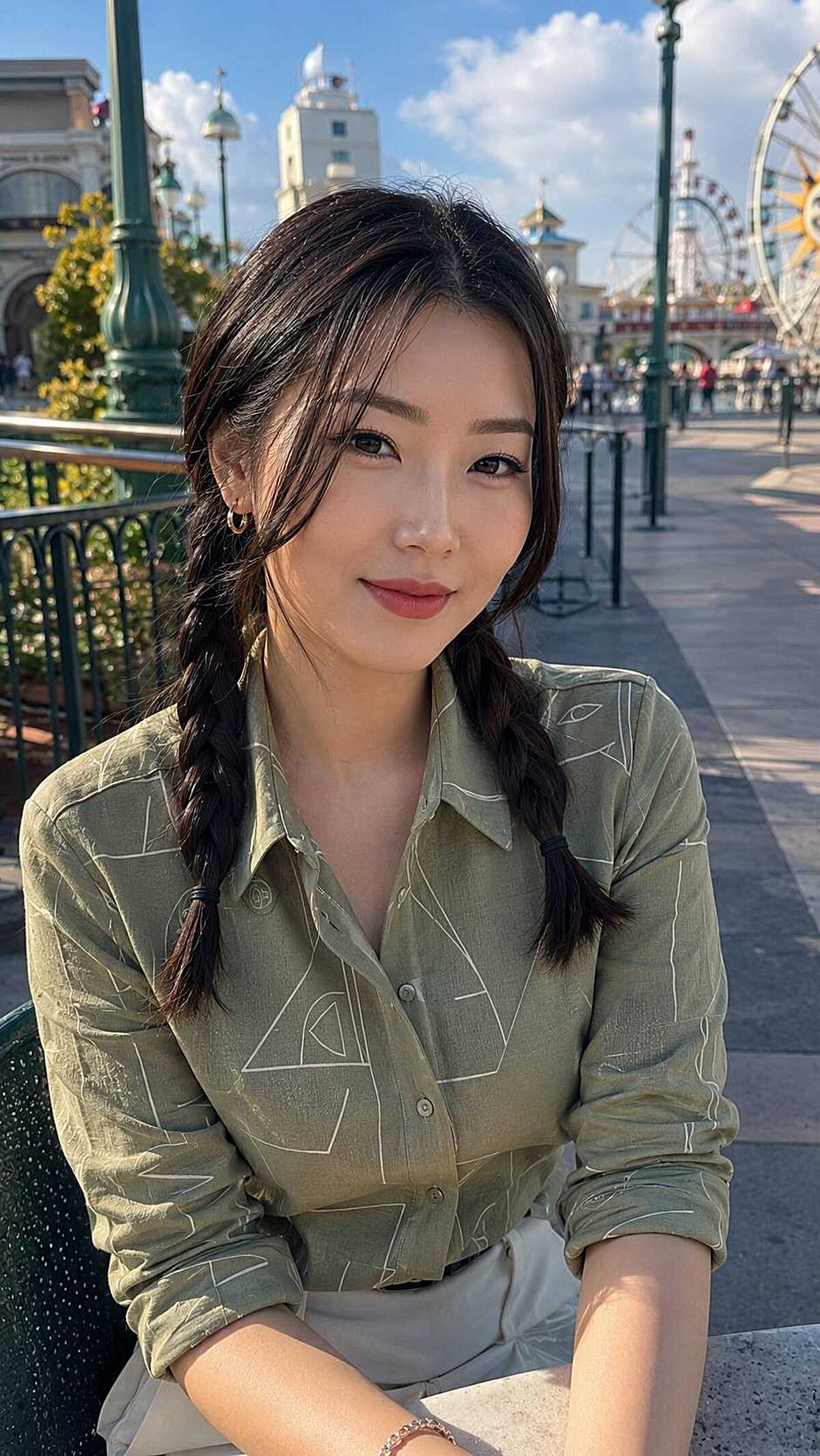 Dark hair in two loose pigtail braids with a center part