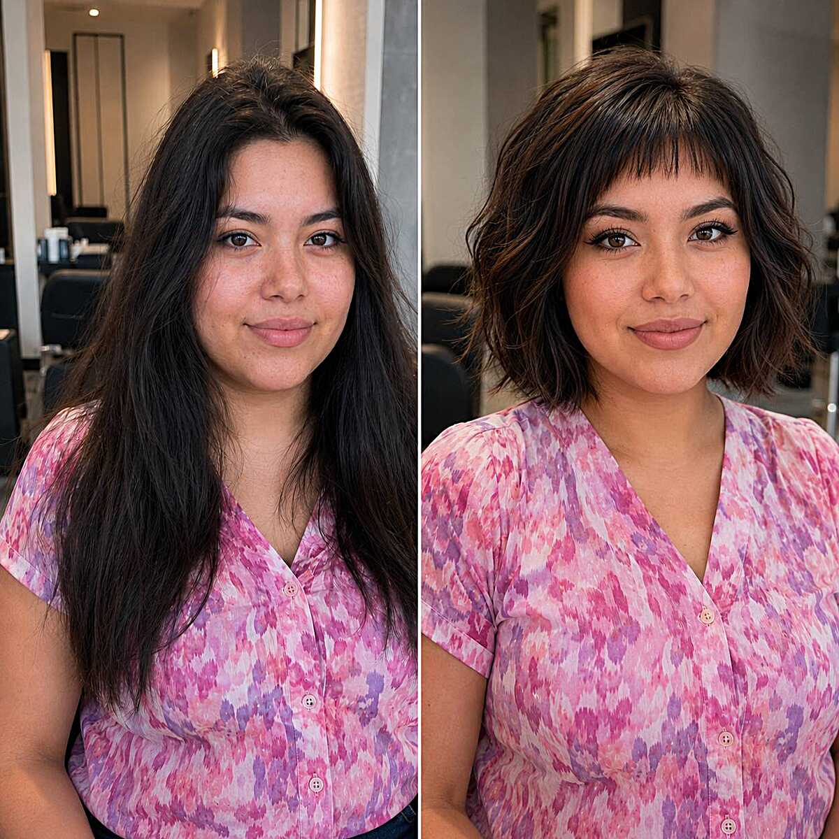 Before and after long hair to wavy bob with baby bangs