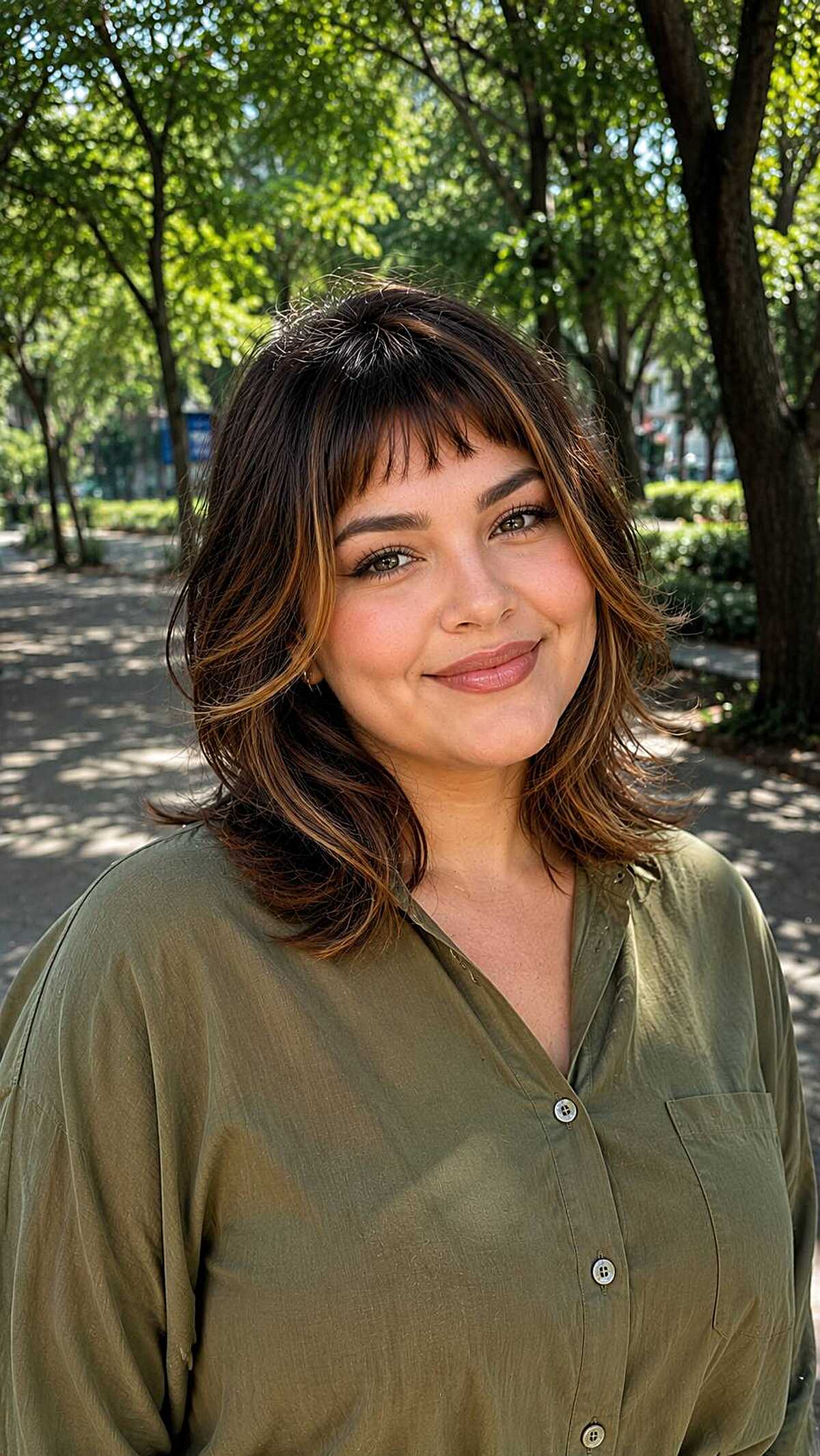 Shoulder-length brunette hair with caramel and wispy bangs