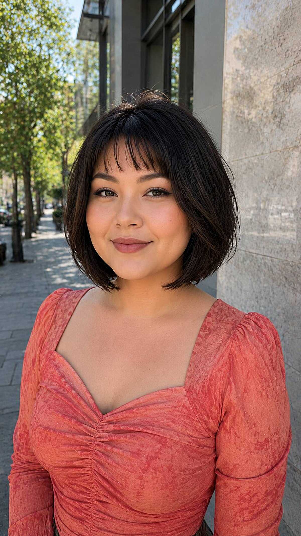 Chin-length black bob with soft blunt baby bangs