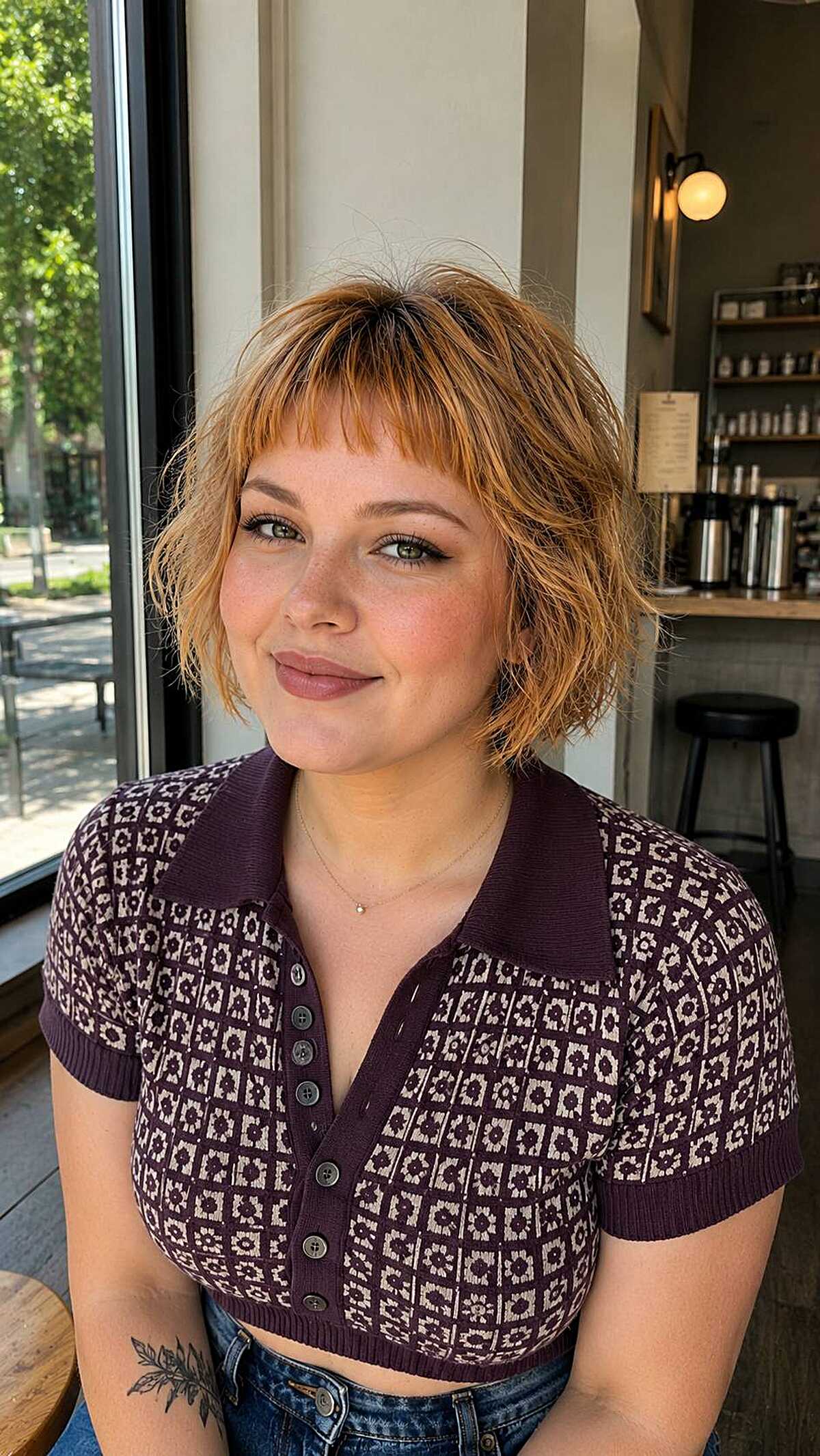 Short copper gold bob with full baby bangs and texture