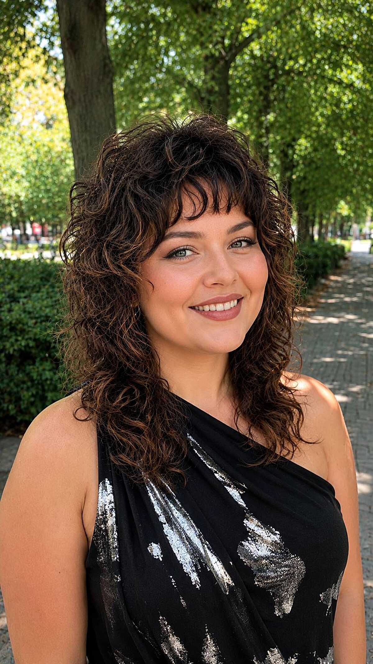 Long curly shag with short curly bangs and layers