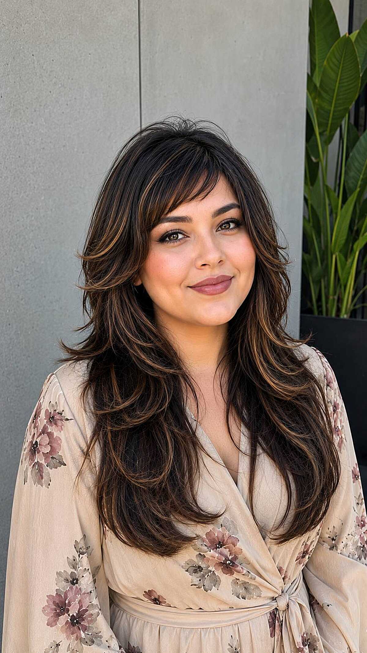 Long dark layered hair with feathered curtain baby bangs