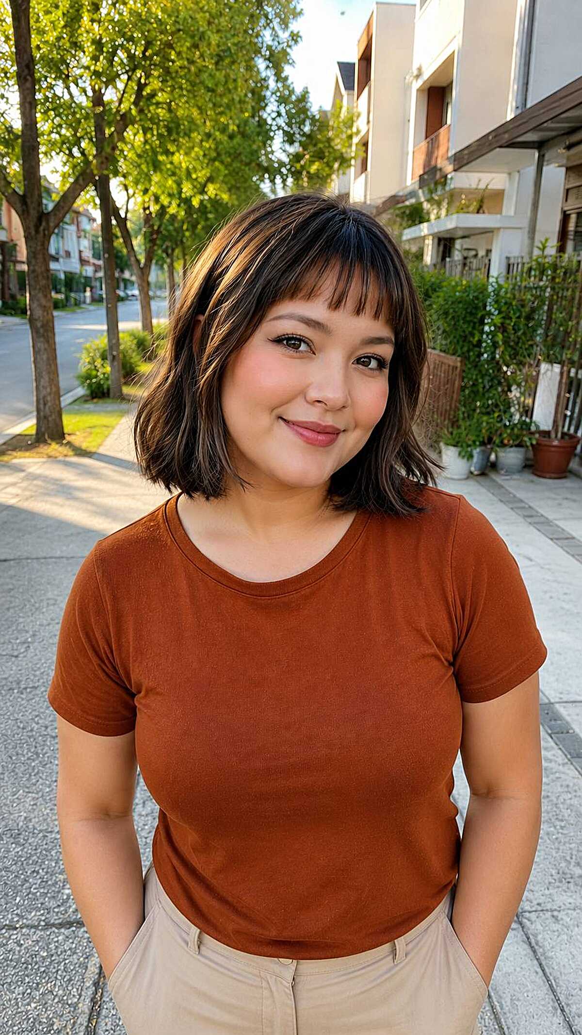Chin-length dark bob with highlights and choppy bangs