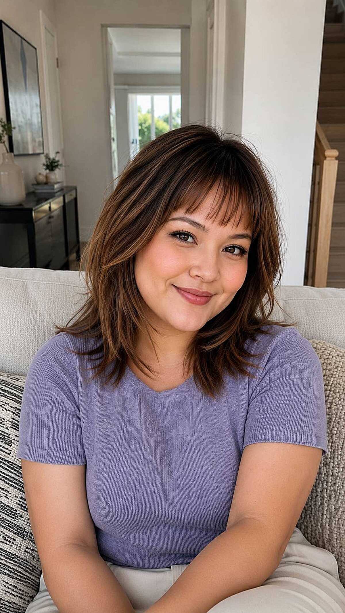 Medium brown layered cut with feathered short bangs