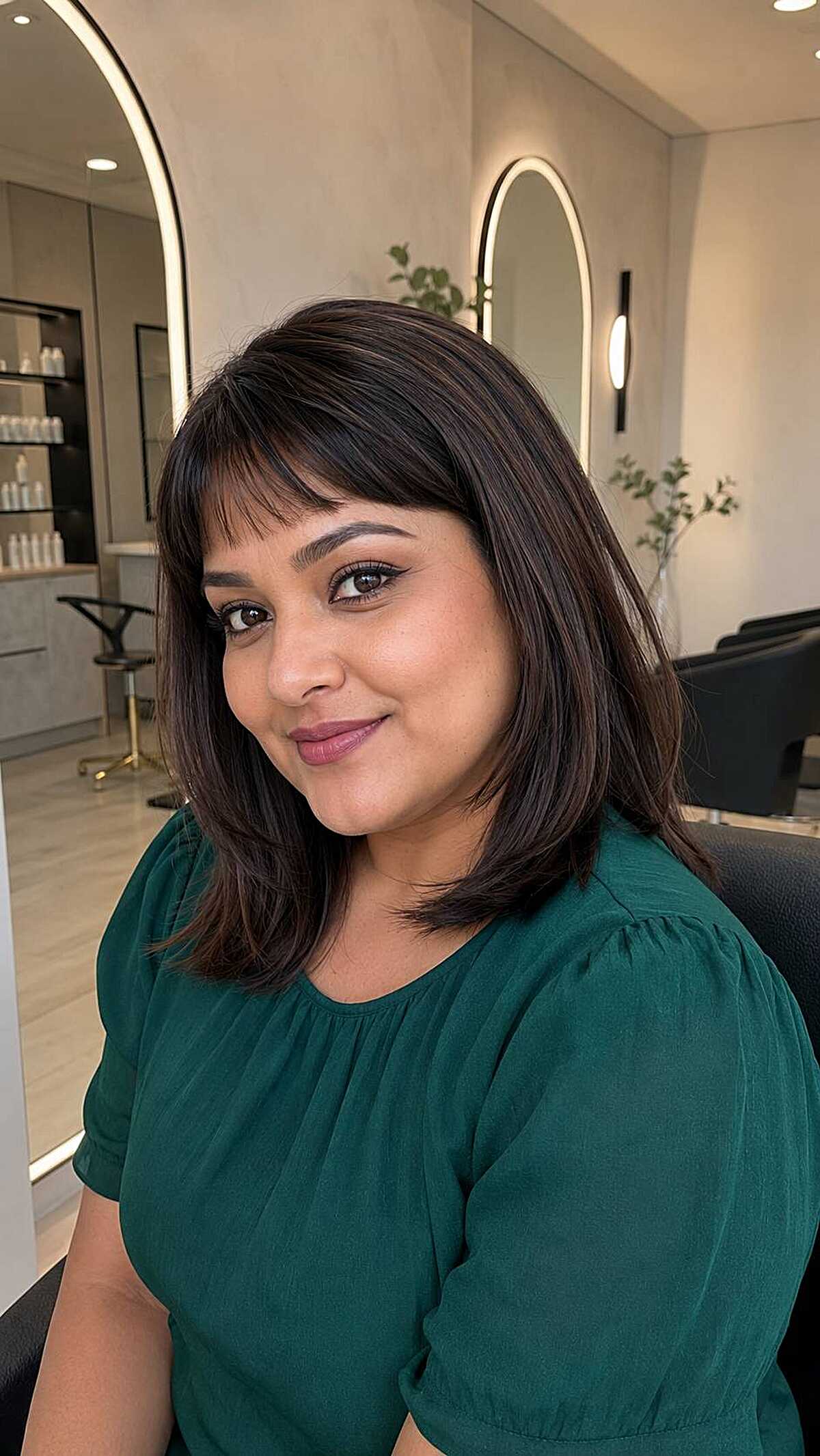 Polished dark shoulder-length lob with side-swept bangs