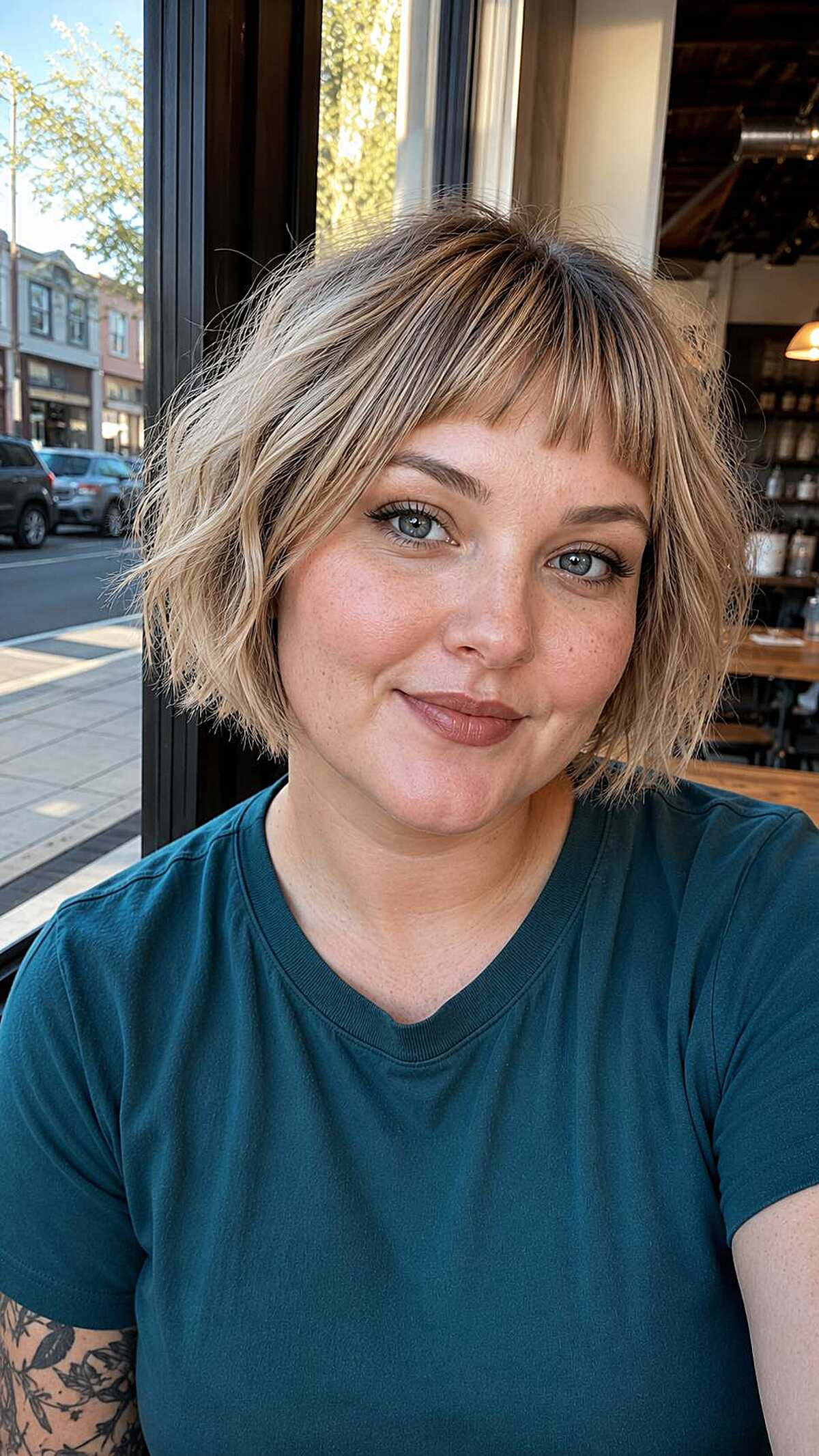 Sandy blonde chin-length wavy bob with airy baby bangs