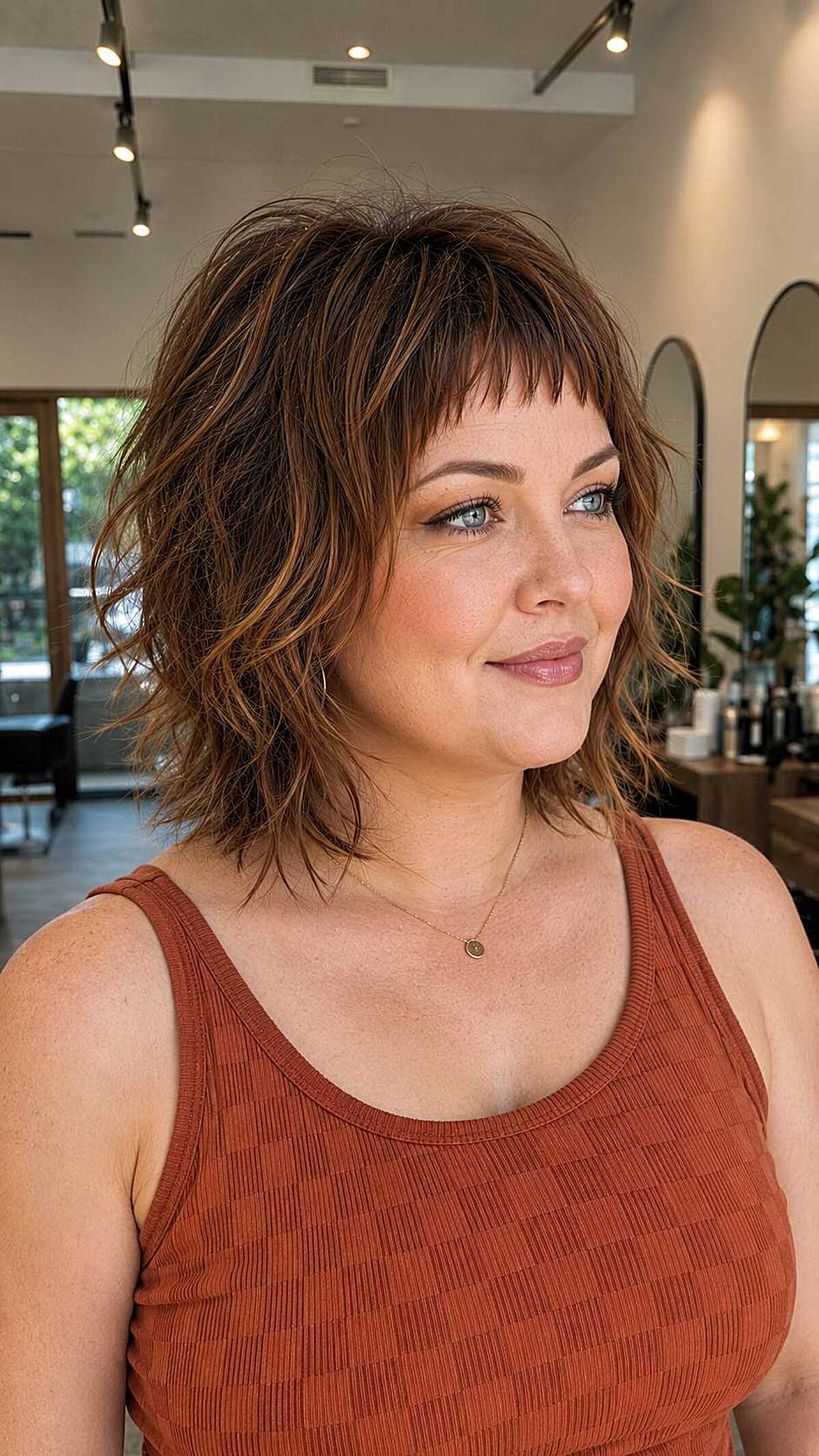 Shaggy chin-length bob with highlights and choppy bangs