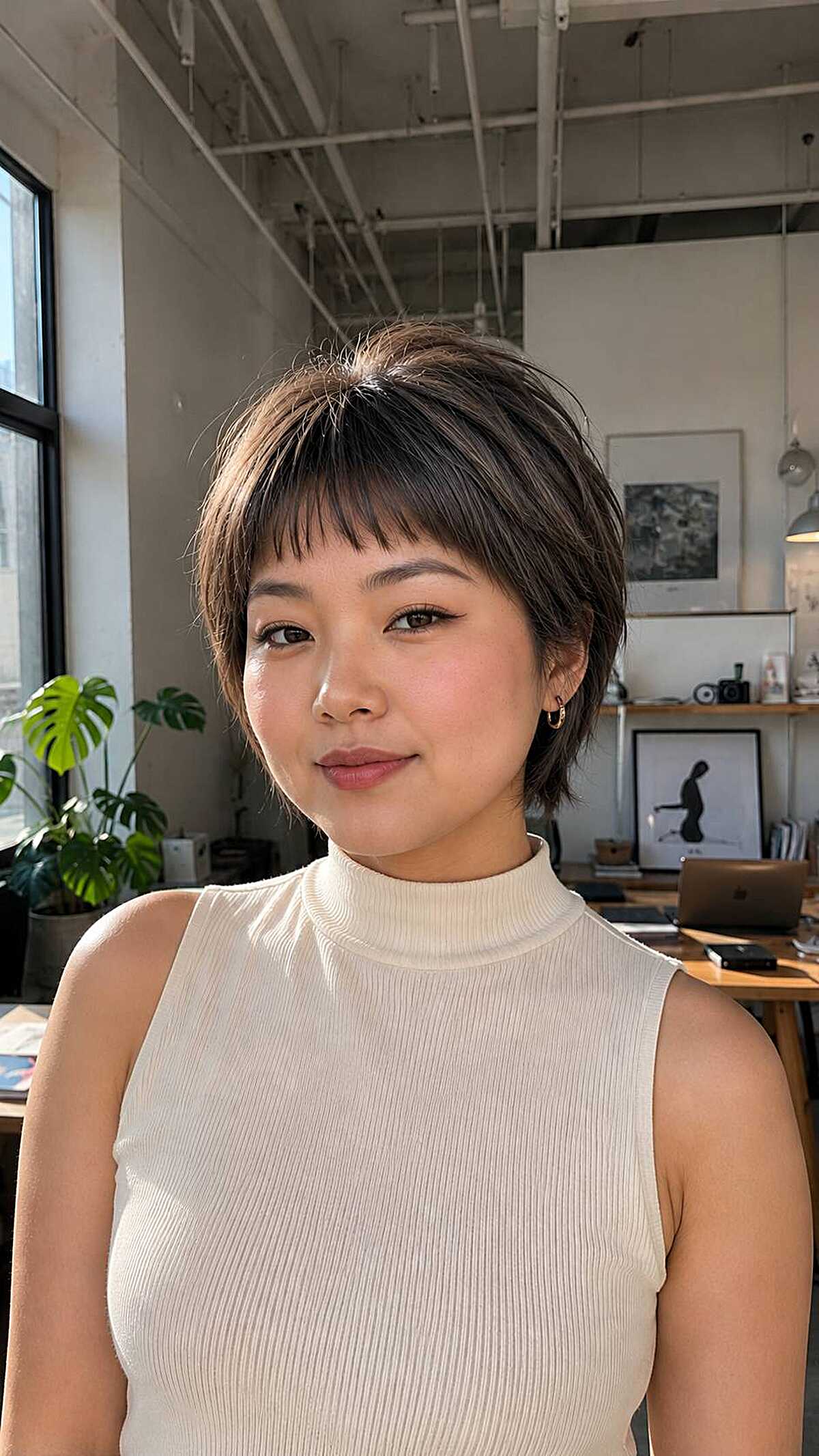Short textured pixie bob with asymmetric baby bangs