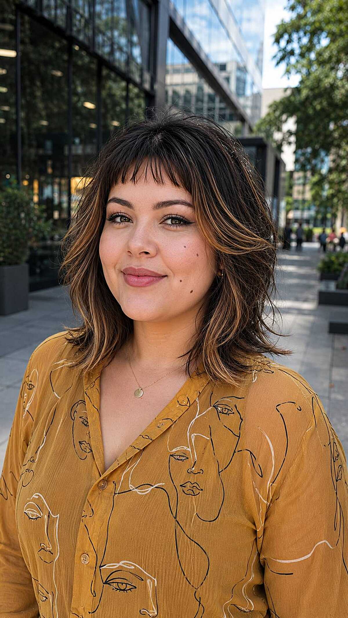 Tousled brunette lob with highlights and short bangs