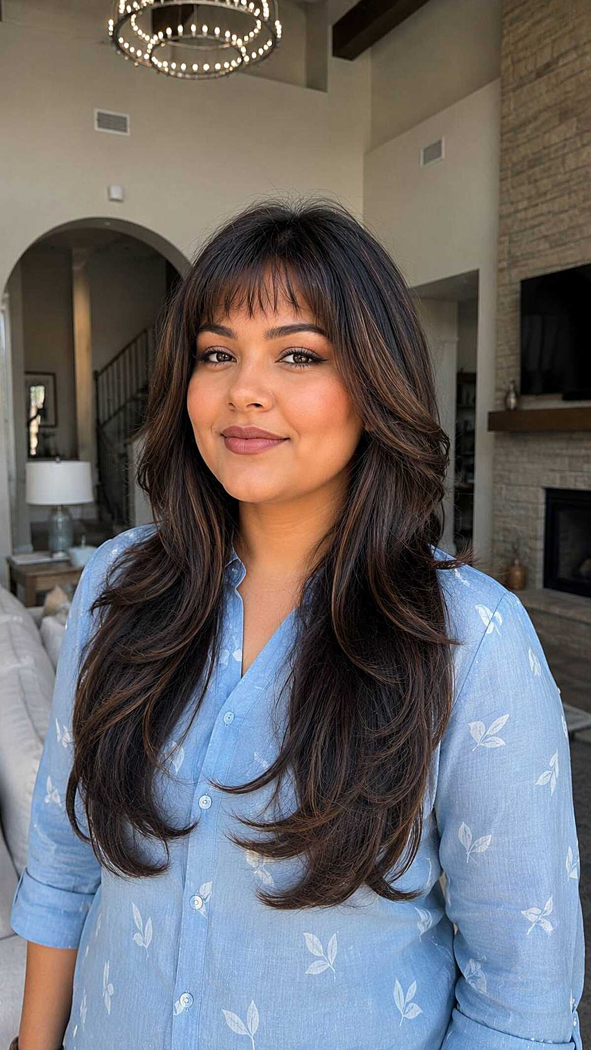 Long voluminous brunette layers with sweeping baby bangs