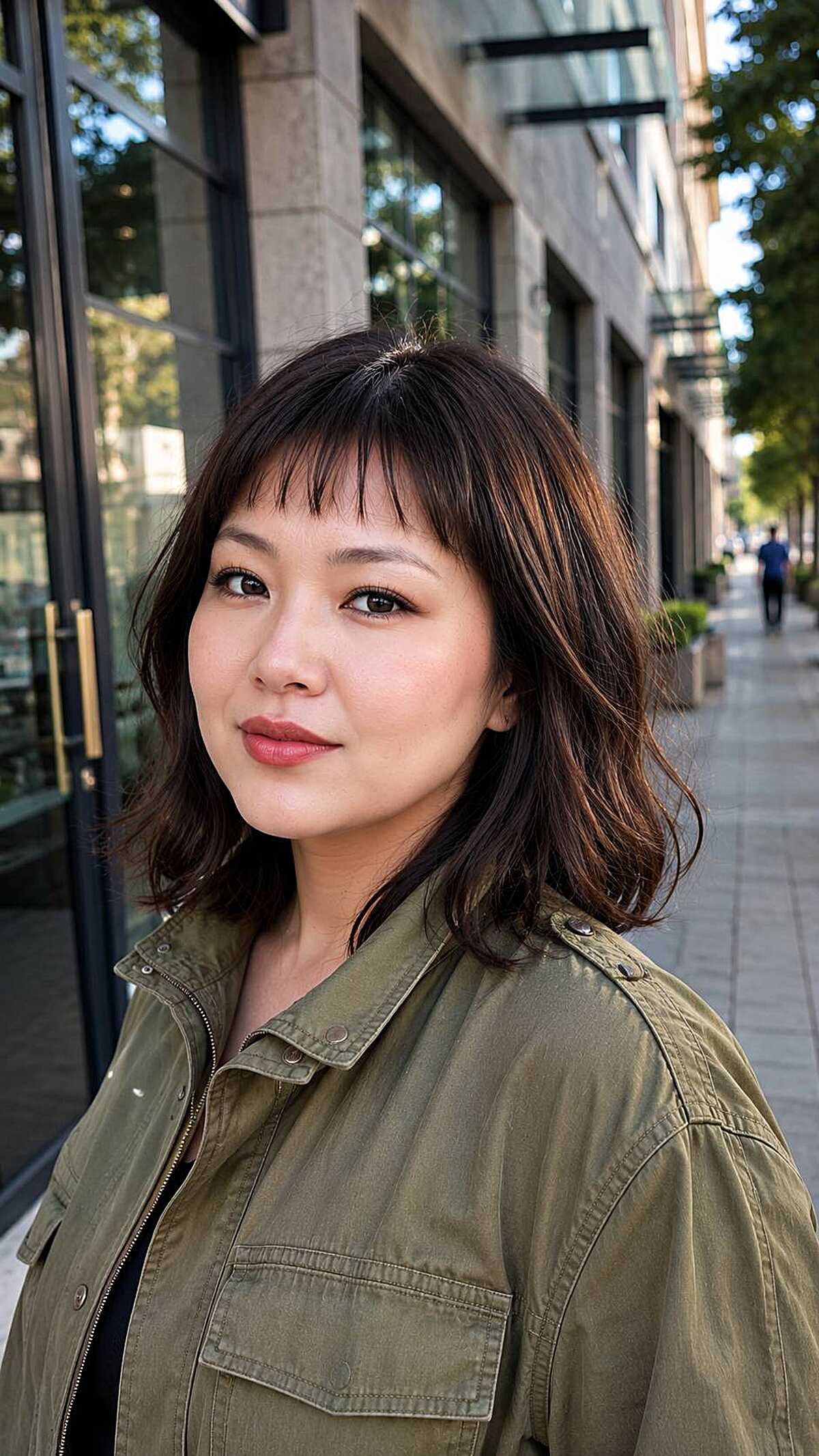 Wavy medium-length dark lob with piecey short bangs