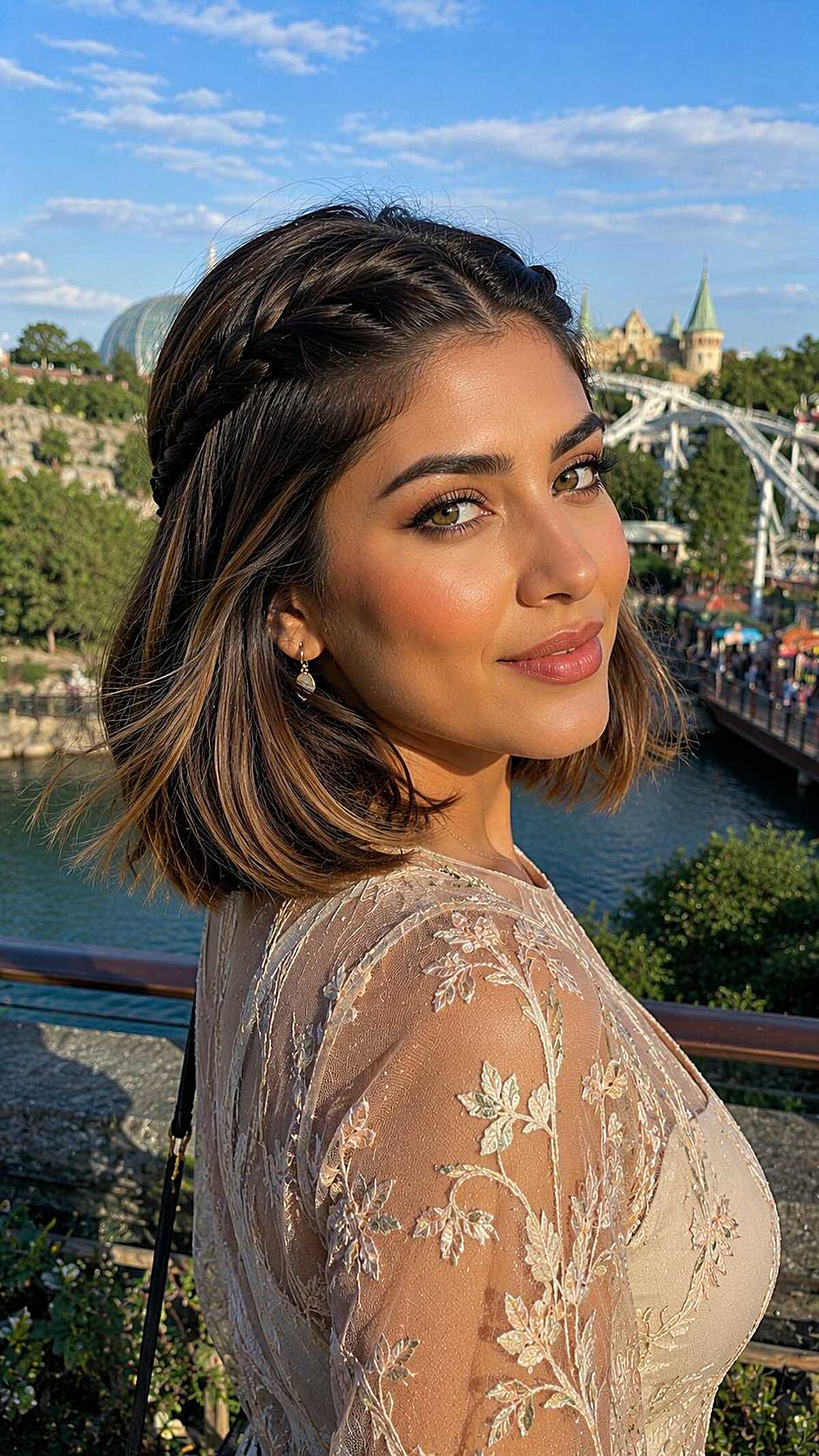 Small braided headband detail on a chin-length bob