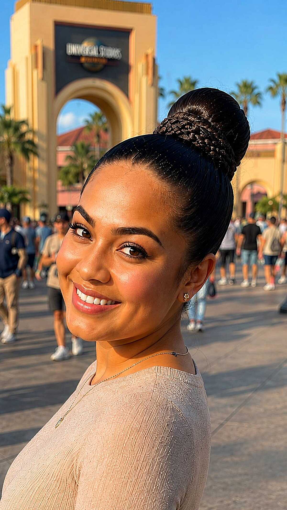 Sleek high bun with braided wrap at Universal Studios