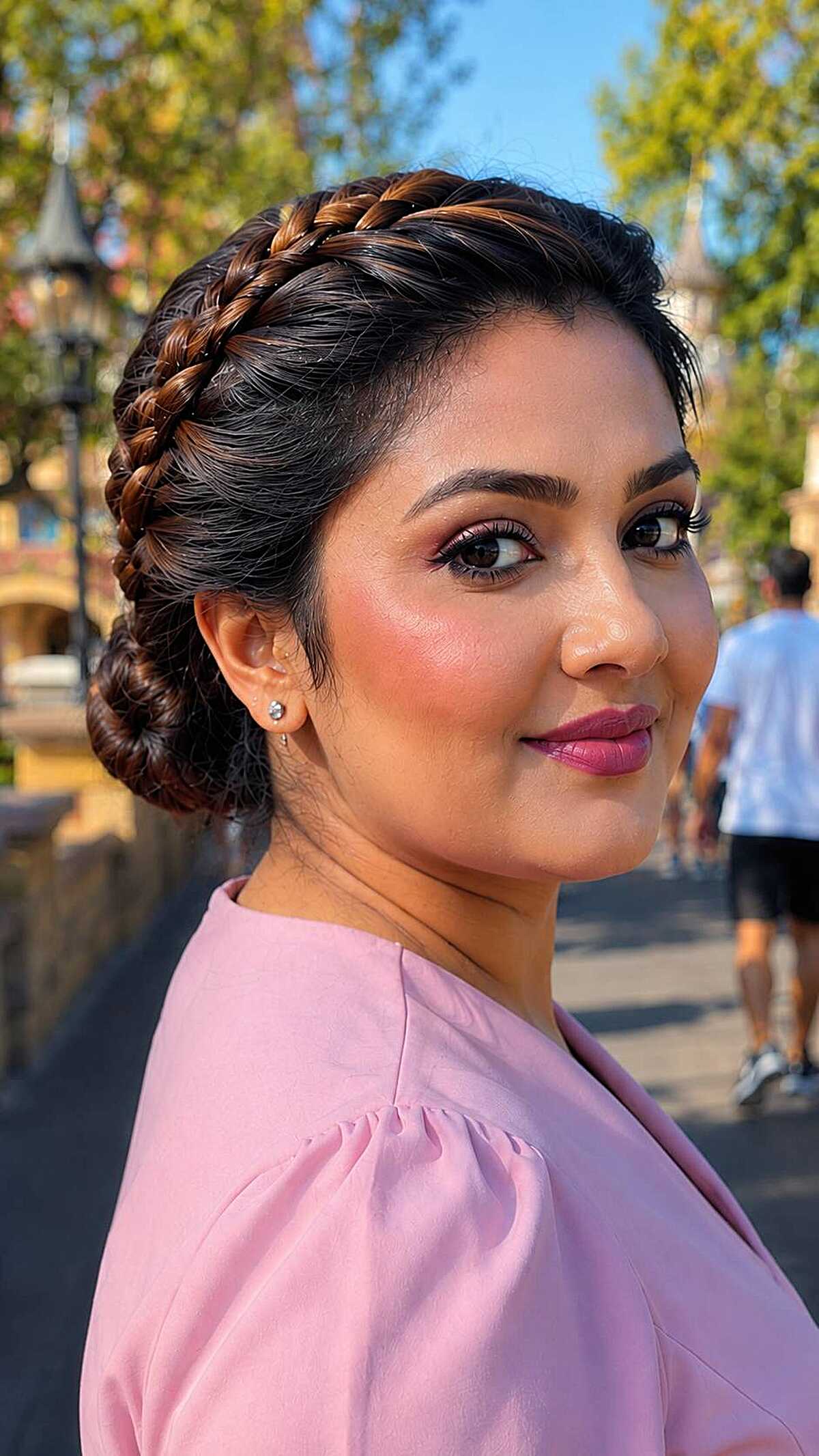 Crown braid halo updo with low bun at theme park