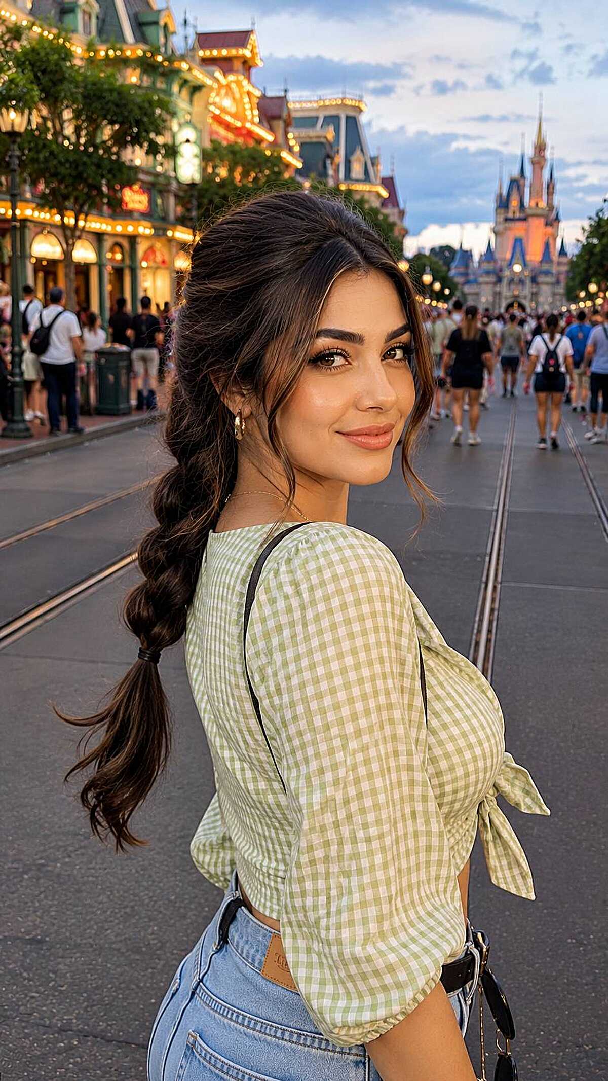 Low braided ponytail with soft waves at Magic Kingdom