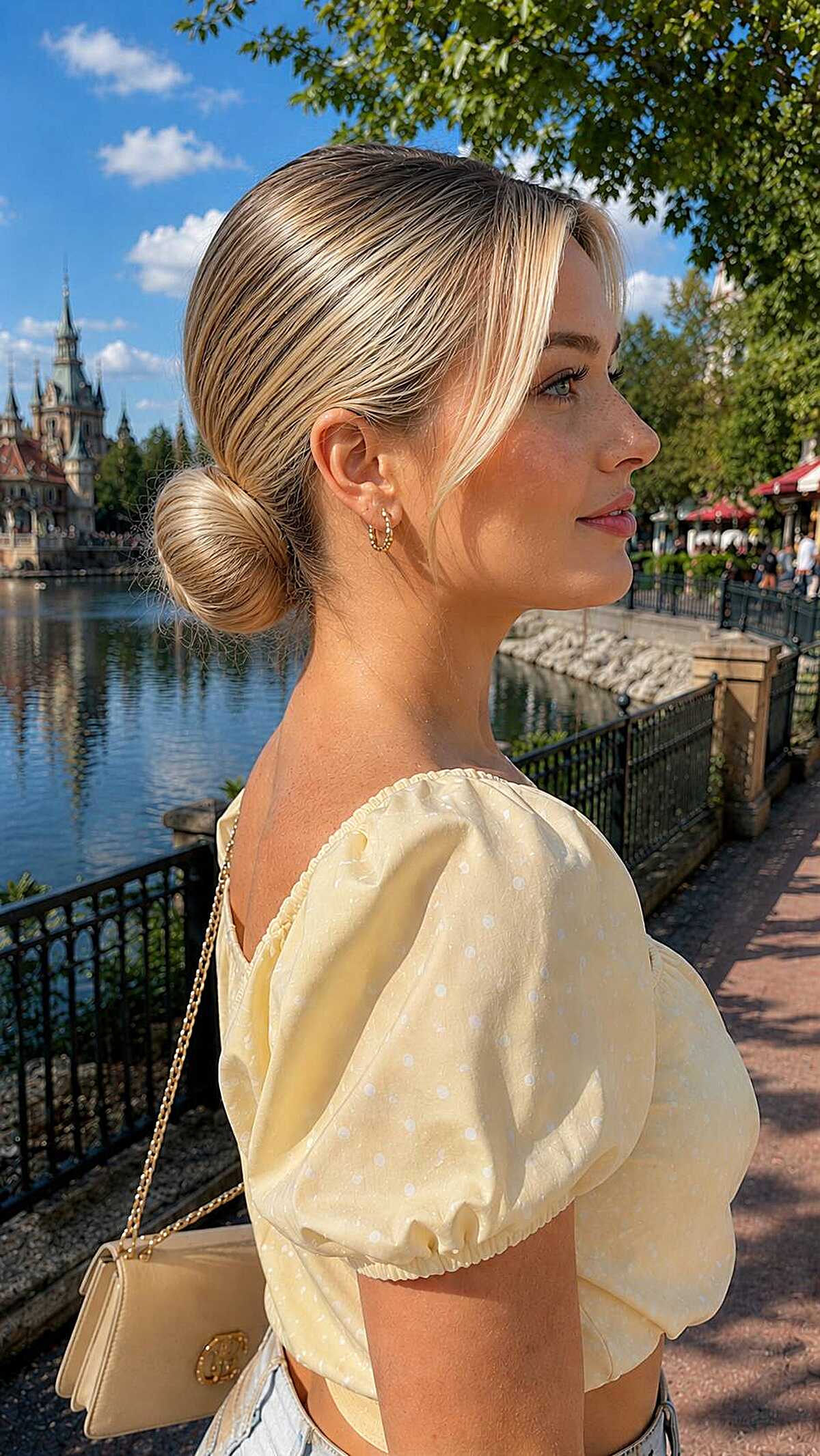 Sleek polished low bun on light blonde hair