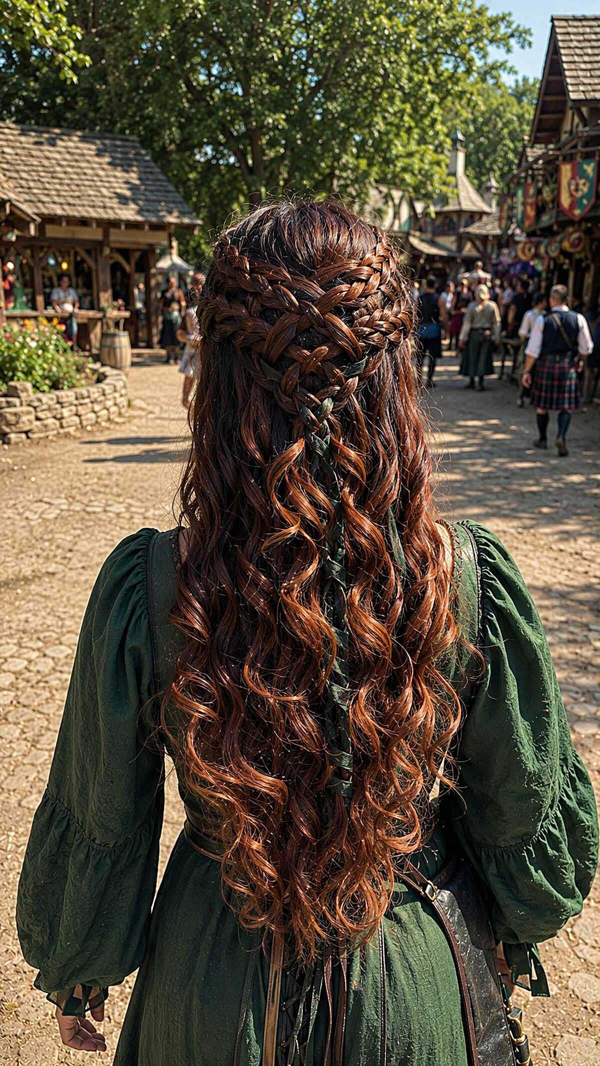 Long auburn curls with crossed braids at the crown