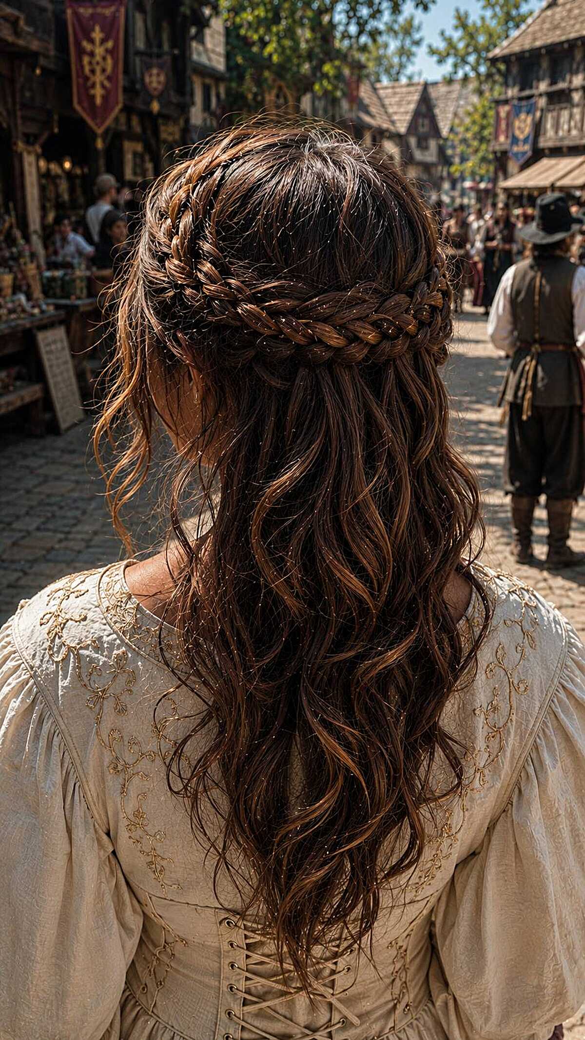 Back view of braided crown with long wavy brown hair down