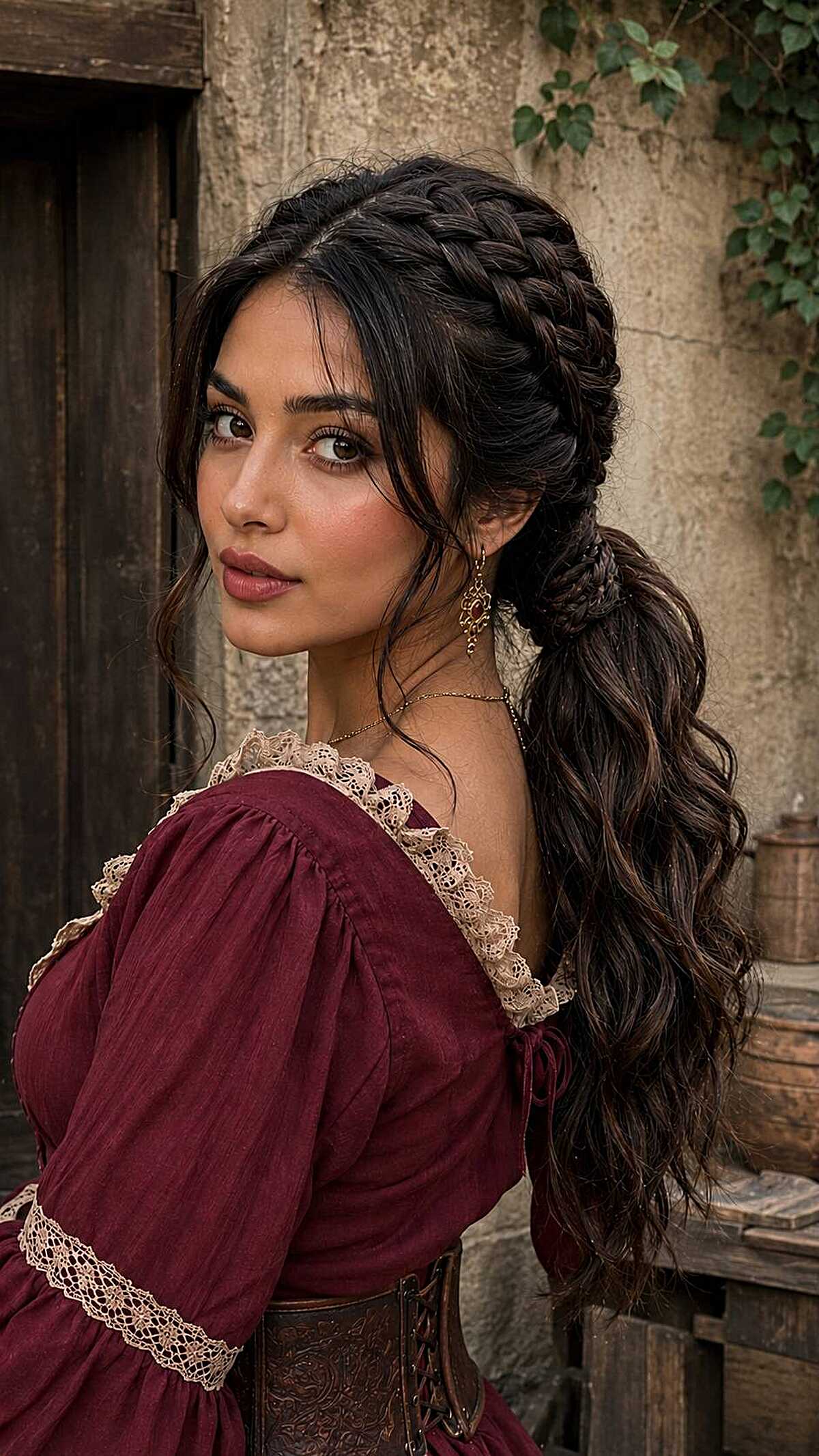 Dark braided crown flowing into a long wavy ponytail